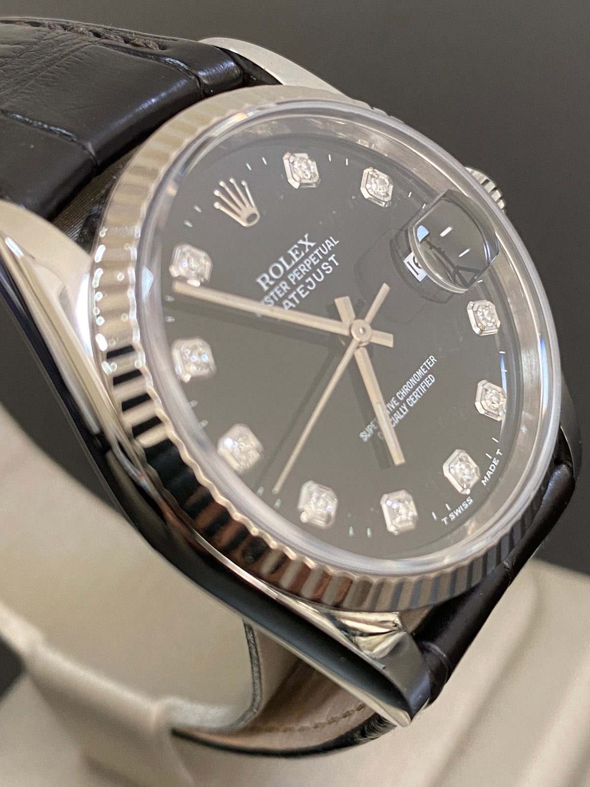 Rolex Steel Datejust 36 - W serial - Fluted Bezel - Factory Black Diamond Dial - Leather Strap - 16234