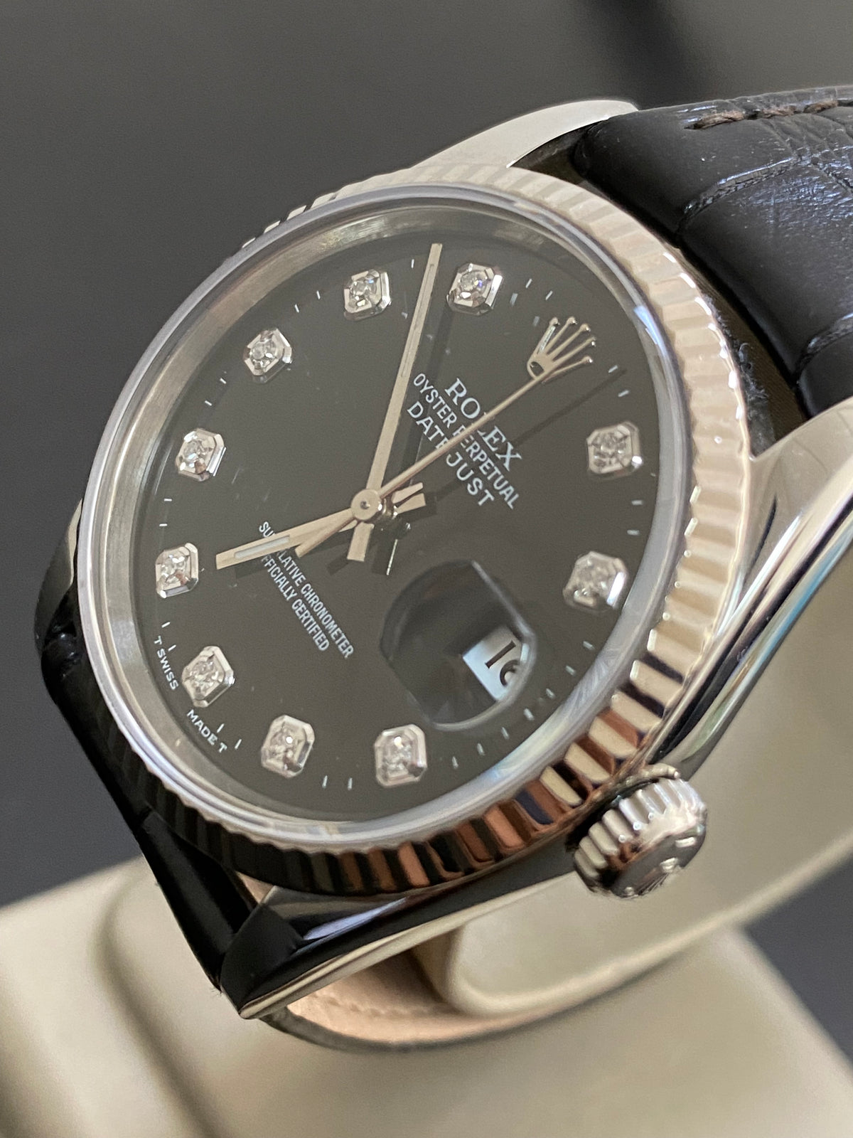 Rolex Steel Datejust 36 - W serial - Fluted Bezel - Factory Black Diamond Dial - Leather Strap - 16234