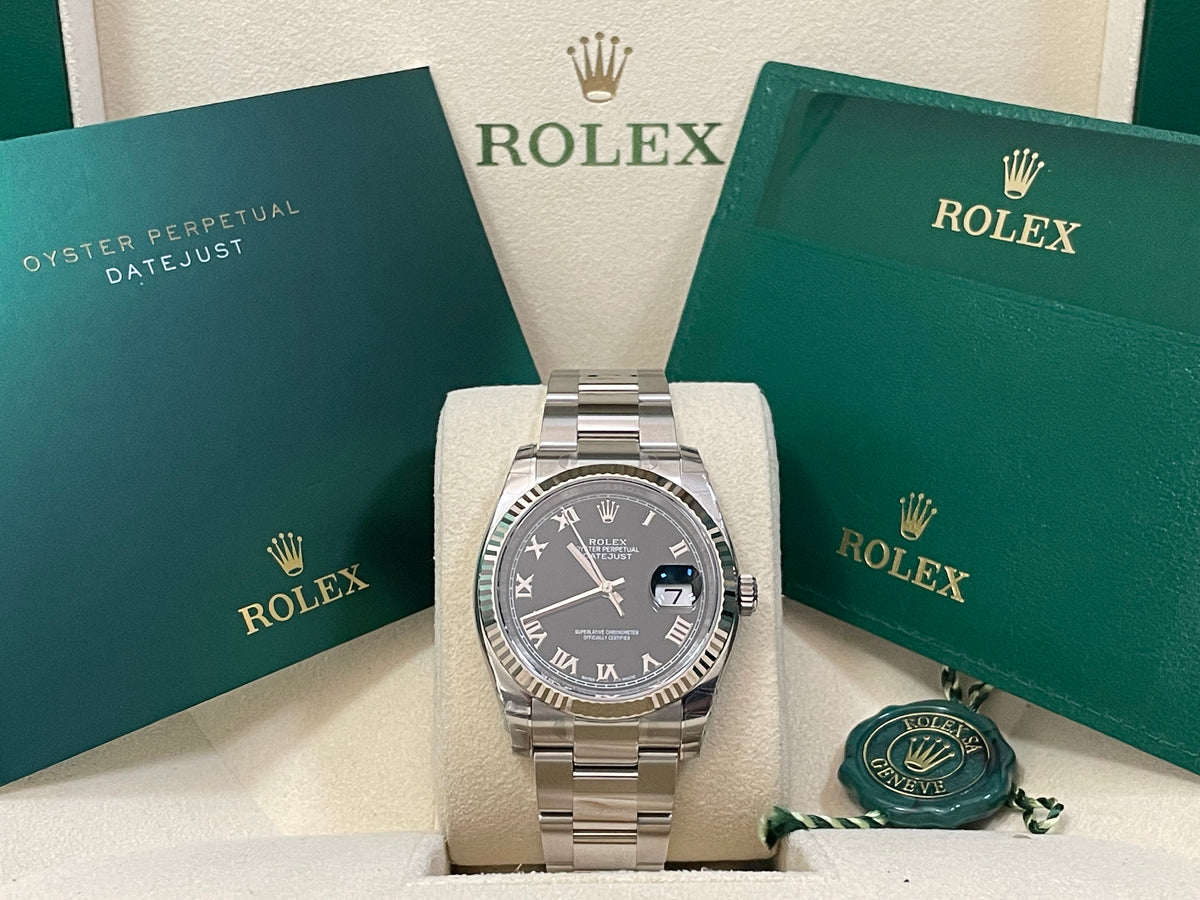 Rolex Steel Datejust 36 - 2018 - Fluted Bezel - Black Roman Dial - Oyster Bracelet - 116234 *FULL STICKERS*