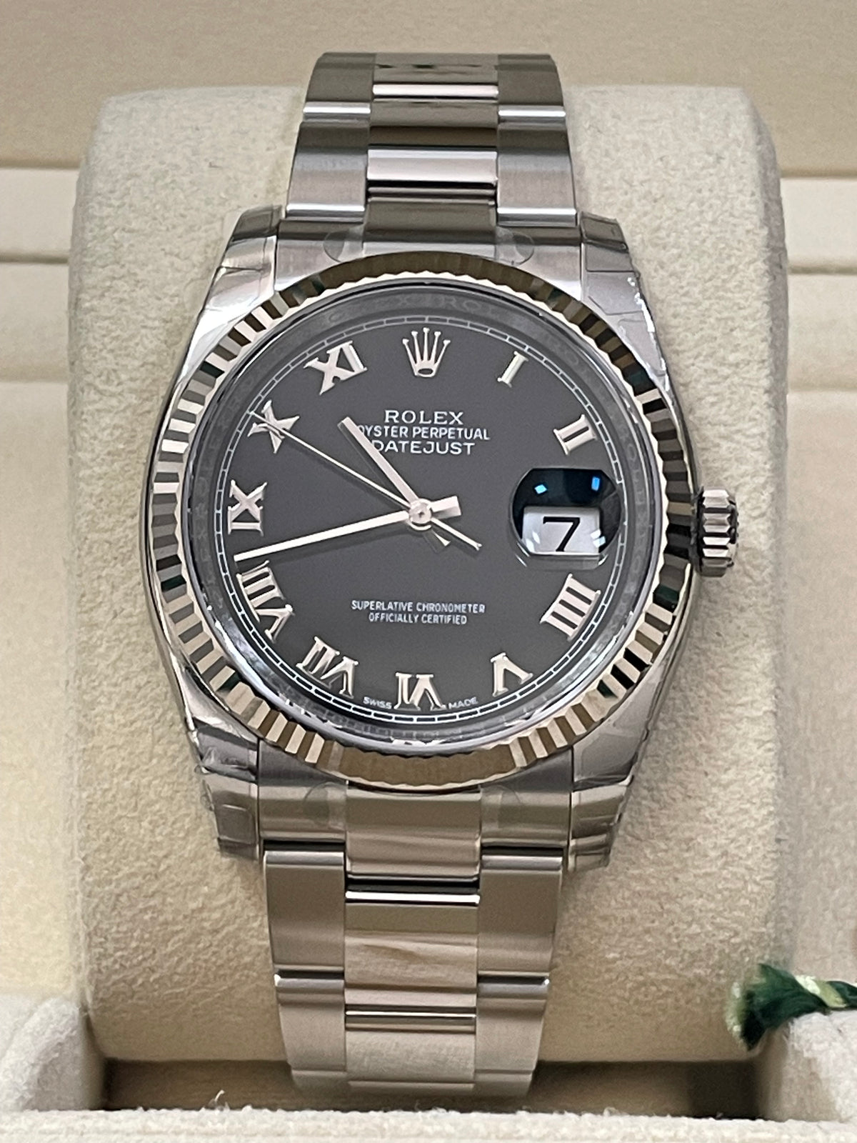 Rolex Steel Datejust 36 - 2018 - Fluted Bezel - Black Roman Dial - Oyster Bracelet - 116234 *FULL STICKERS*