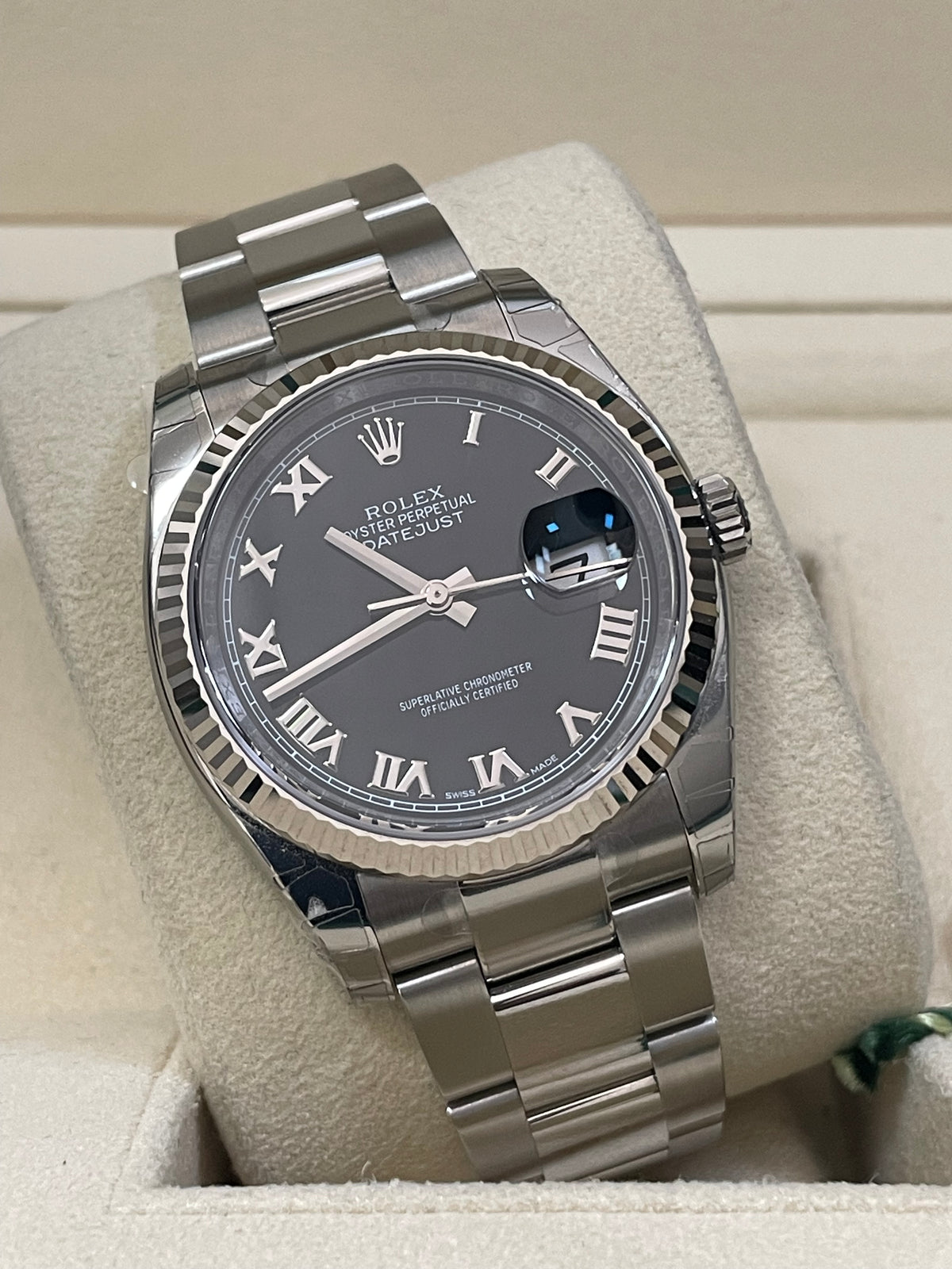 Rolex Steel Datejust 36 - 2018 - Fluted Bezel - Black Roman Dial - Oyster Bracelet - 116234 *FULL STICKERS*