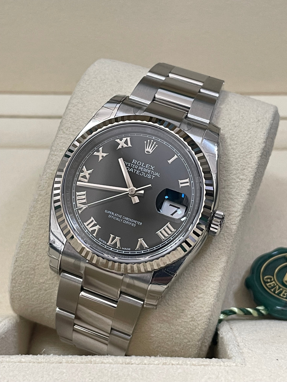 Rolex Steel Datejust 36 - 2018 - Fluted Bezel - Black Roman Dial - Oyster Bracelet - 116234 *FULL STICKERS*