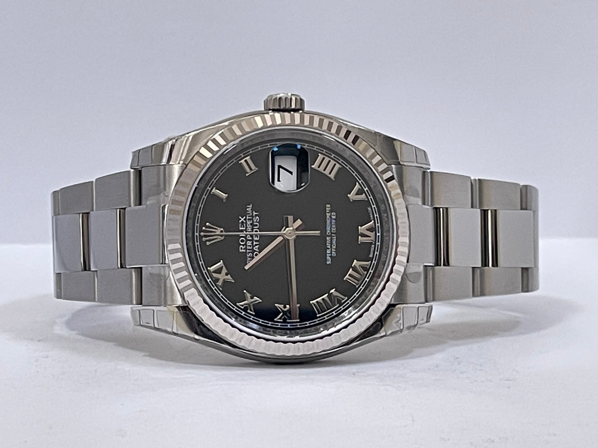 Rolex Steel Datejust 36 - 2018 - Fluted Bezel - Black Roman Dial - Oyster Bracelet - 116234 *FULL STICKERS*