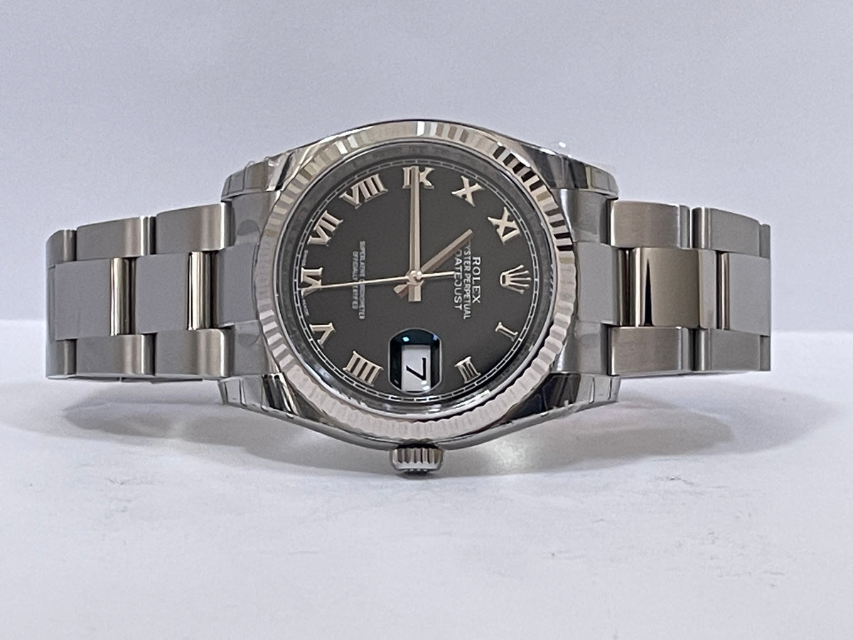 Rolex Steel Datejust 36 - 2018 - Fluted Bezel - Black Roman Dial - Oyster Bracelet - 116234 *FULL STICKERS*