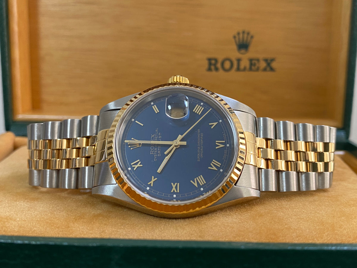 Rolex Steel and Yellow Gold Datejust 36 - W serial - Fluted Bezel - Blue Roman Dial - Jubilee Bracelet - 16233