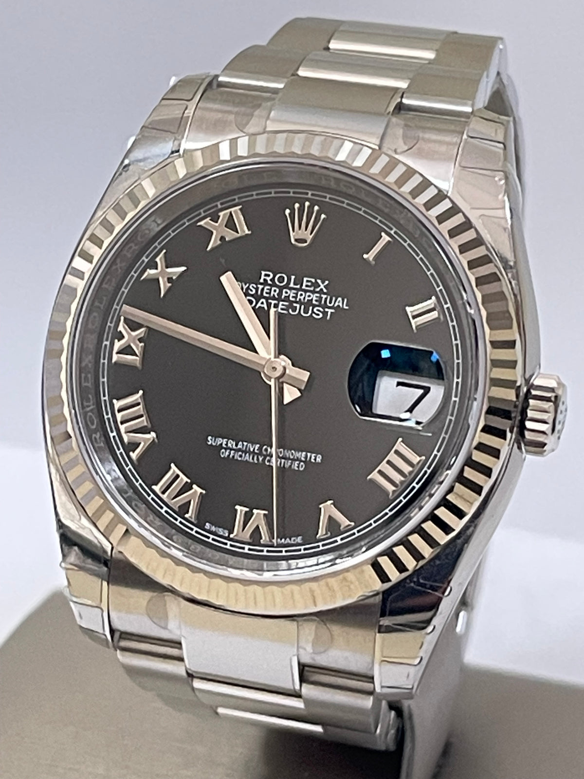 Rolex Steel Datejust 36 - 2018 - Fluted Bezel - Black Roman Dial - Oyster Bracelet - 116234 *FULL STICKERS*