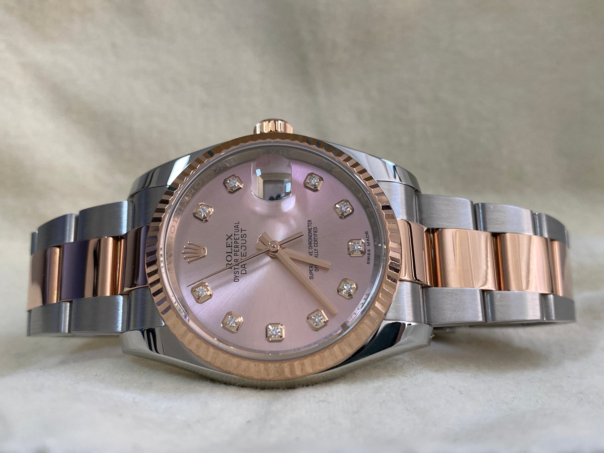 Rolex Steel and Everose Gold Datejust 36 - 2017 - Fluted Bezel - Factory Pink Diamond Dial - Oyster Bracelet - 116231 *FULL SET*