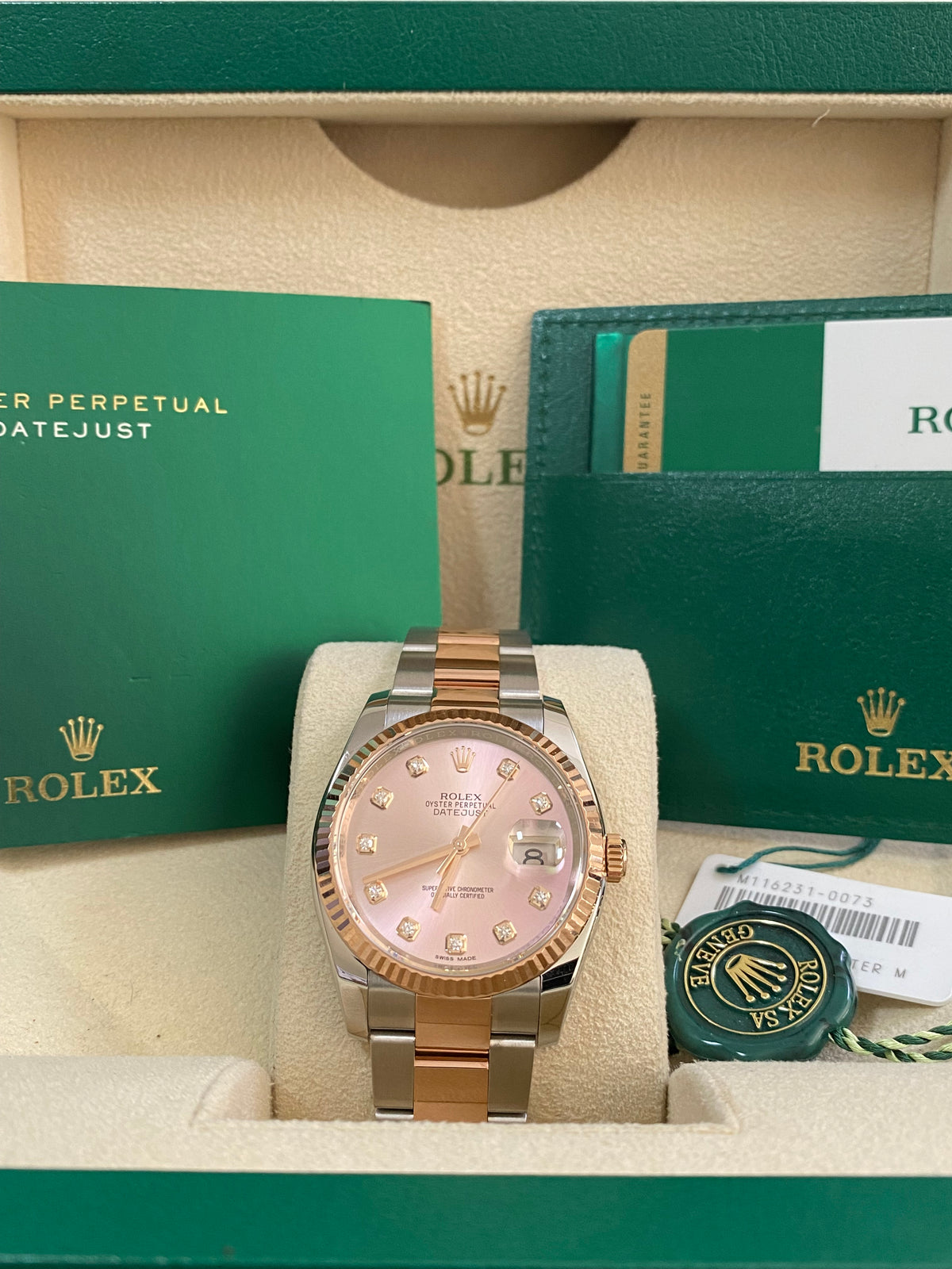 Rolex Steel and Everose Gold Datejust 36 - 2017 - Fluted Bezel - Factory Pink Diamond Dial - Oyster Bracelet - 116231 *FULL SET*