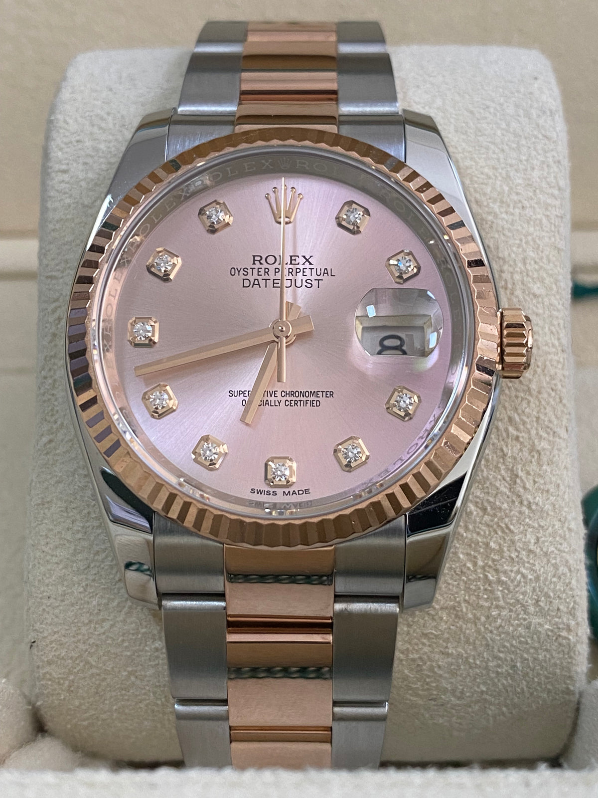 Rolex Steel and Everose Gold Datejust 36 - 2017 - Fluted Bezel - Factory Pink Diamond Dial - Oyster Bracelet - 116231 *FULL SET*