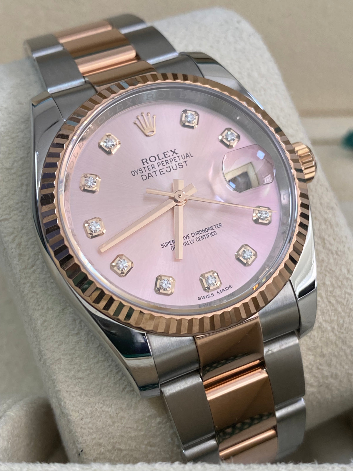 Rolex Steel and Everose Gold Datejust 36 - 2017 - Fluted Bezel - Factory Pink Diamond Dial - Oyster Bracelet - 116231 *FULL SET*