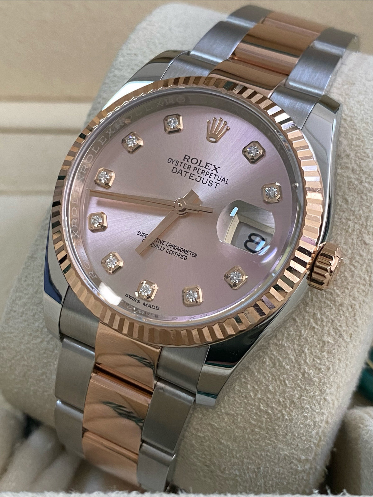 Rolex Steel and Everose Gold Datejust 36 - 2017 - Fluted Bezel - Factory Pink Diamond Dial - Oyster Bracelet - 116231 *FULL SET*