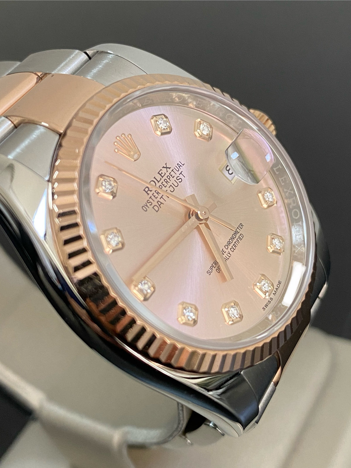 Rolex Steel and Everose Gold Datejust 36 - 2017 - Fluted Bezel - Factory Pink Diamond Dial - Oyster Bracelet - 116231 *FULL SET*