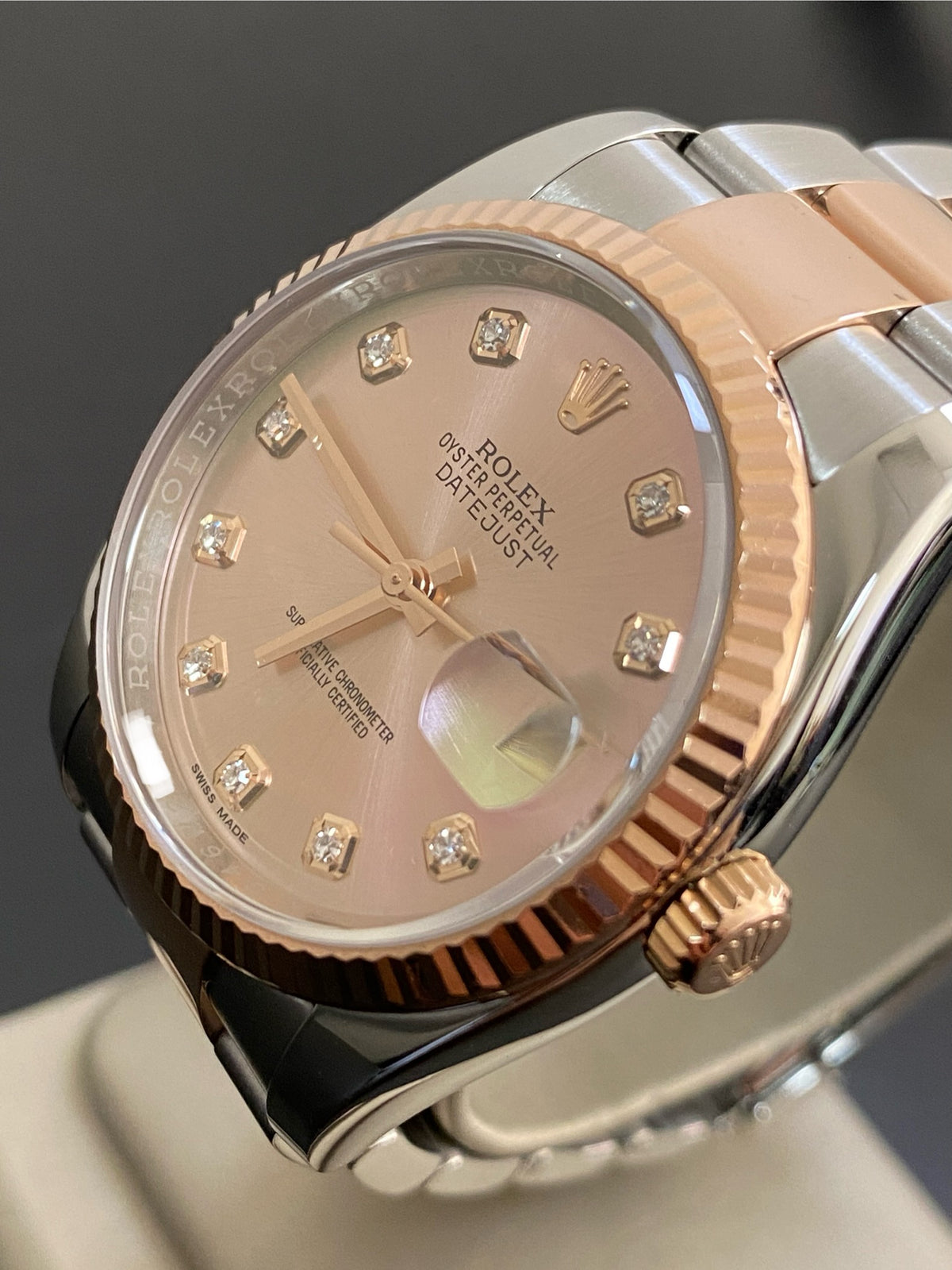 Rolex Steel and Everose Gold Datejust 36 - 2017 - Fluted Bezel - Factory Pink Diamond Dial - Oyster Bracelet - 116231 *FULL SET*