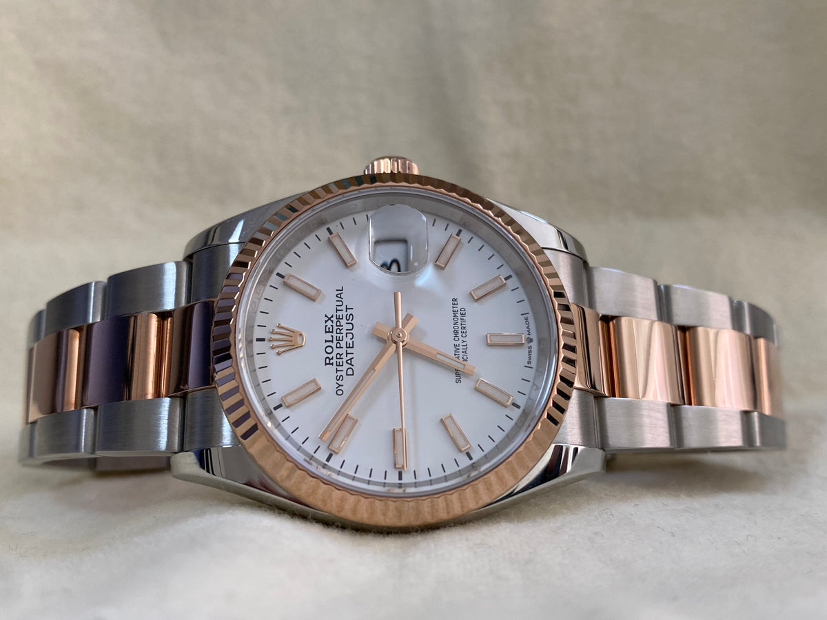 Rolex Steel and Everose Gold Datejust 36 - 2018 - Fluted Bezel - White Index Dial - Oyster Bracelet - 116231 *FULL SET*