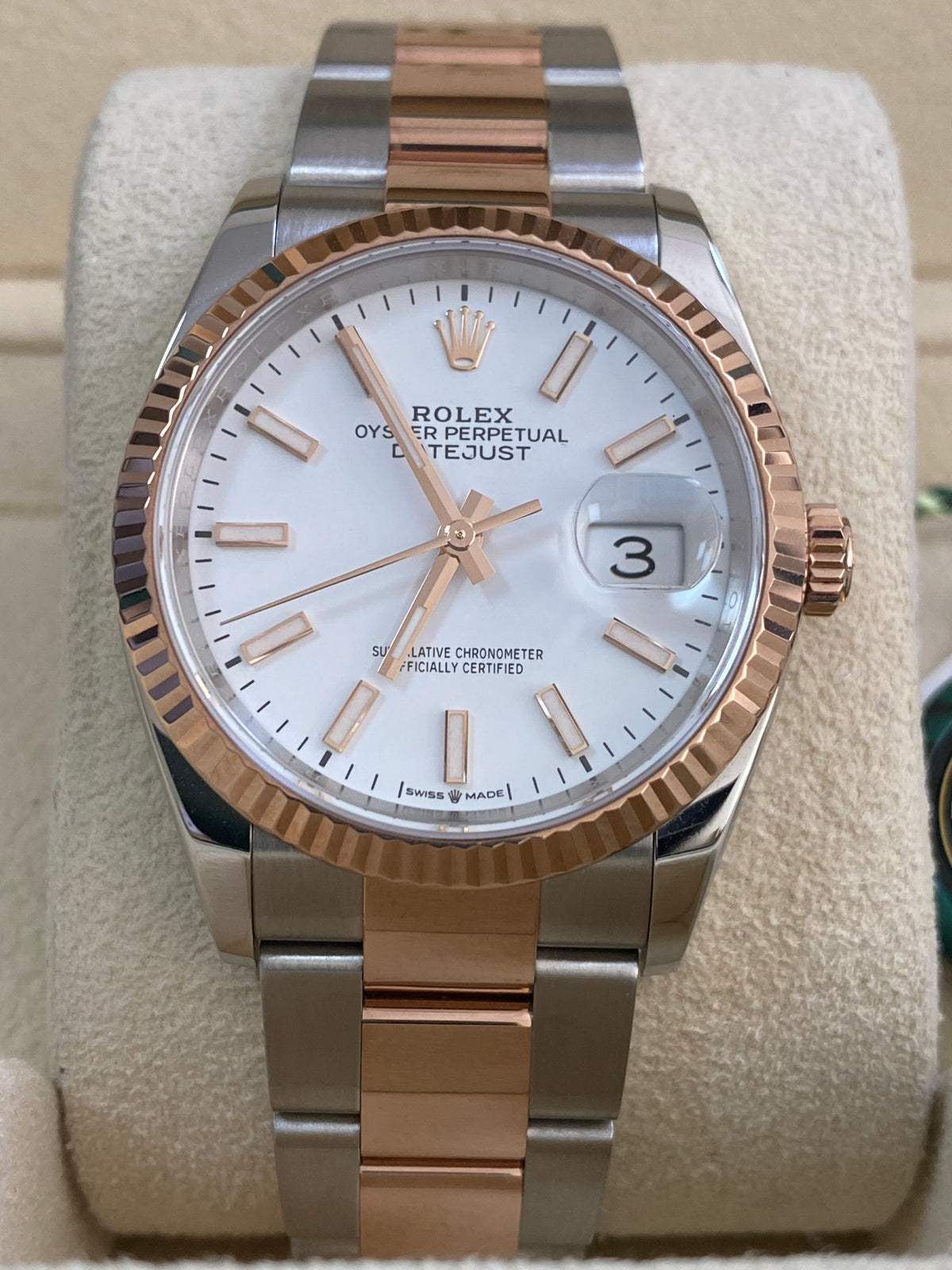 Rolex Steel and Everose Gold Datejust 36 - 2018 - Fluted Bezel - White Index Dial - Oyster Bracelet - 116231 *FULL SET*