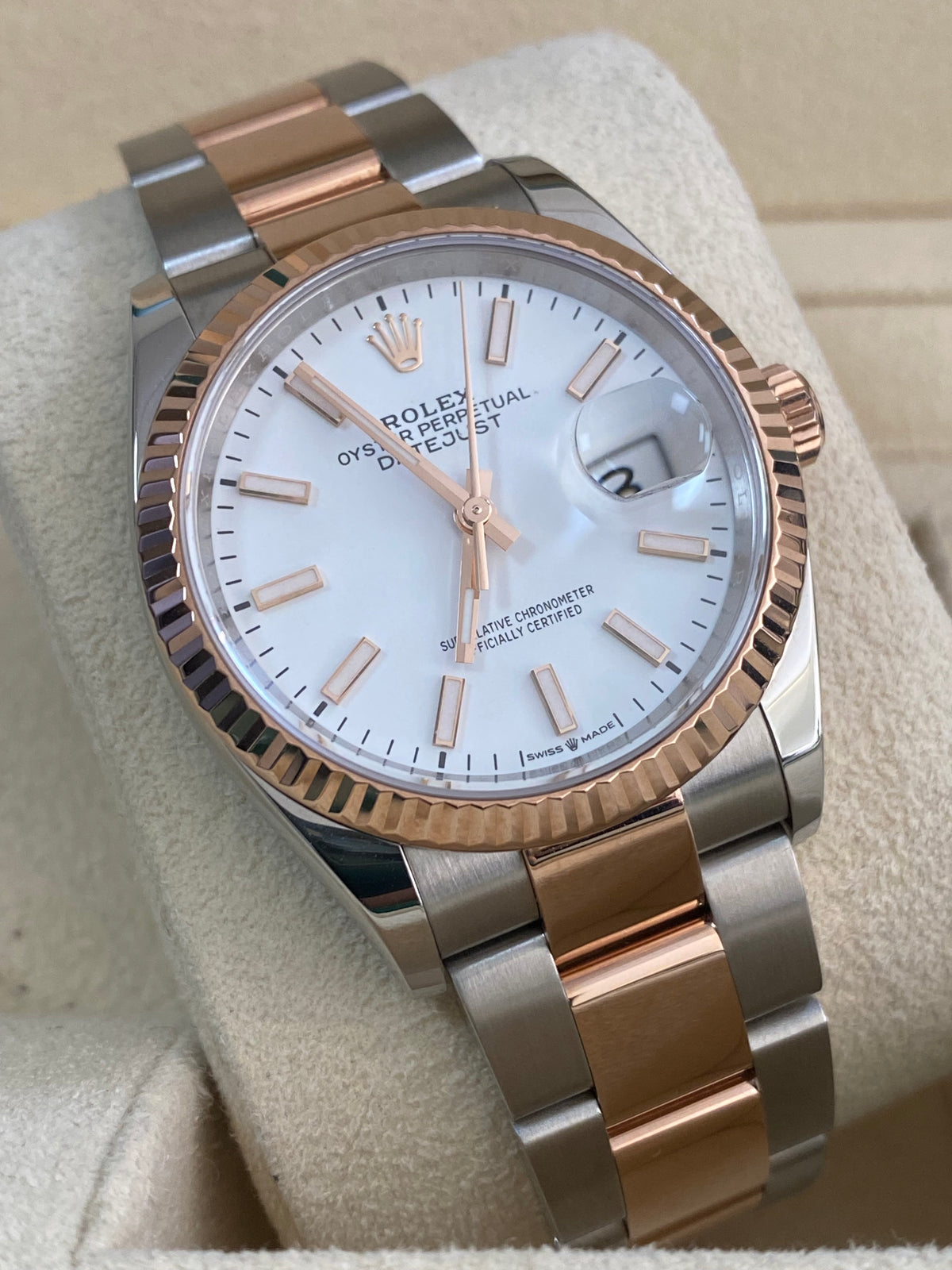 Rolex Steel and Everose Gold Datejust 36 - 2018 - Fluted Bezel - White Index Dial - Oyster Bracelet - 116231 *FULL SET*