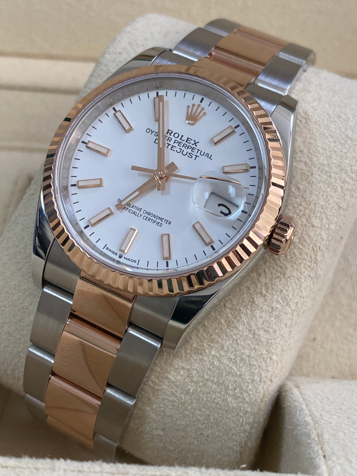 Rolex Steel and Everose Gold Datejust 36 - 2018 - Fluted Bezel - White Index Dial - Oyster Bracelet - 116231 *FULL SET*