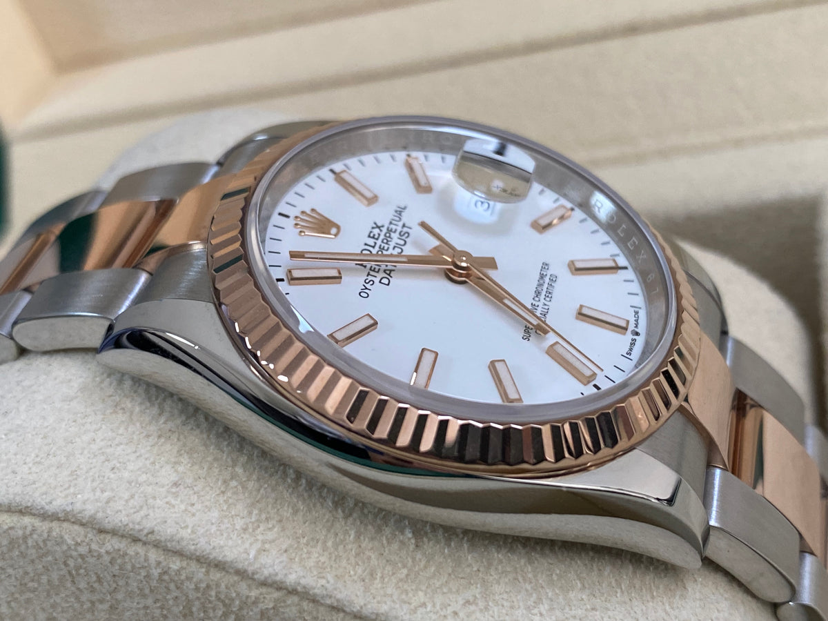 Rolex Steel and Everose Gold Datejust 36 - 2018 - Fluted Bezel - White Index Dial - Oyster Bracelet - 116231 *FULL SET*