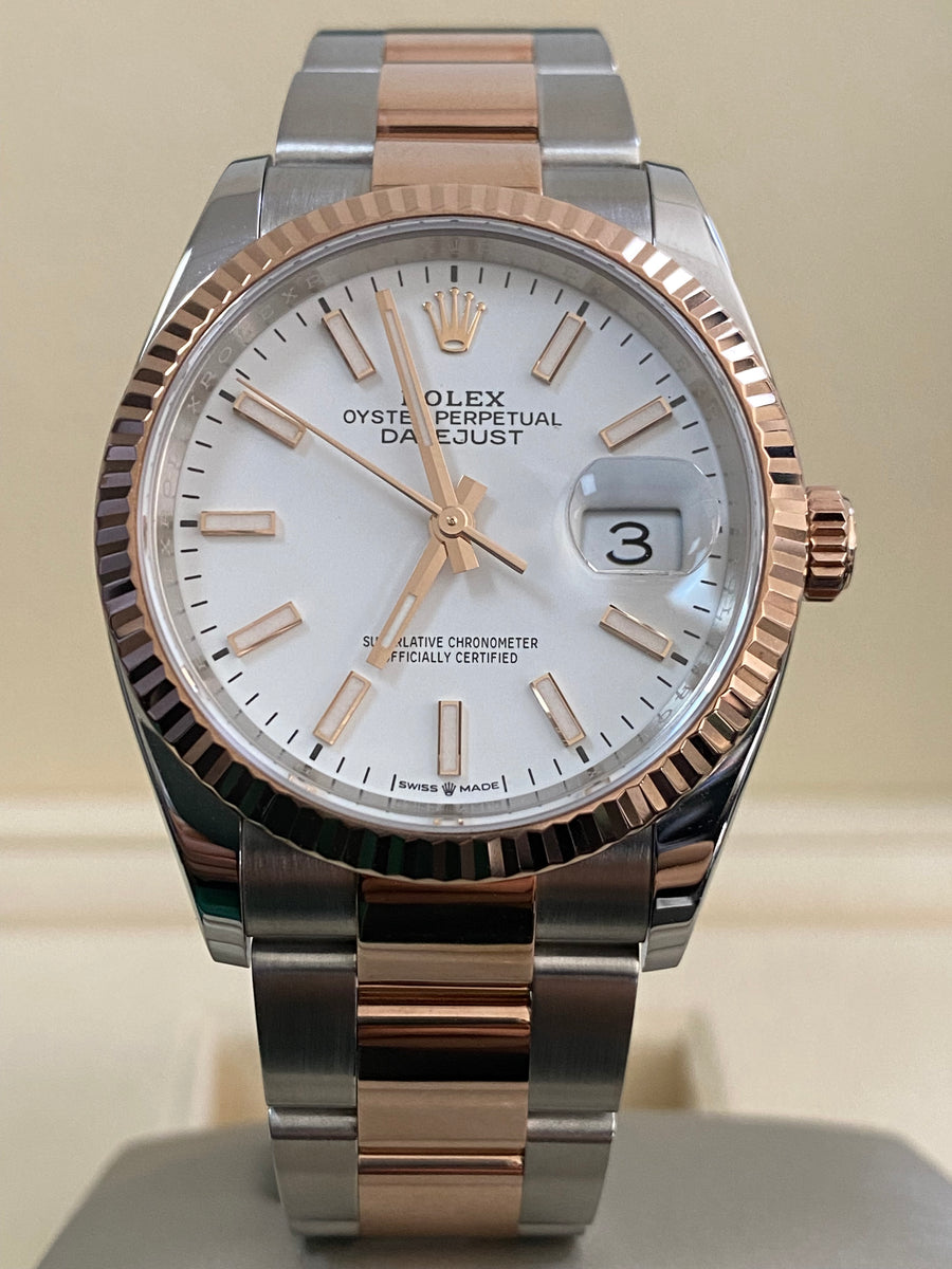 Rolex Steel and Everose Gold Datejust 36 - 2018 - Fluted Bezel - White Index Dial - Oyster Bracelet - 116231 *FULL SET*