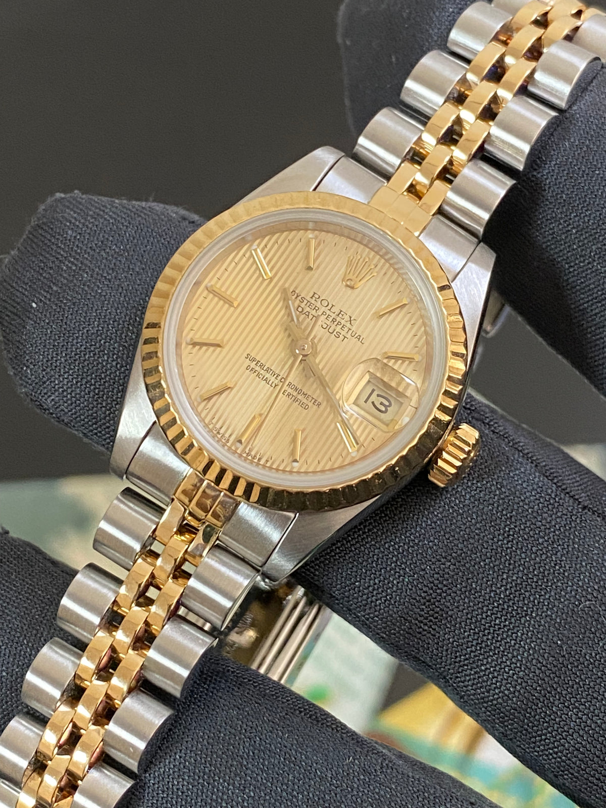 Rolex Steel and Yellow Gold Lady-Datejust - L serial - Fluted Bezel - Tapestry Dial - Jubilee Bracelet - 69173 *COMPLETE SET*