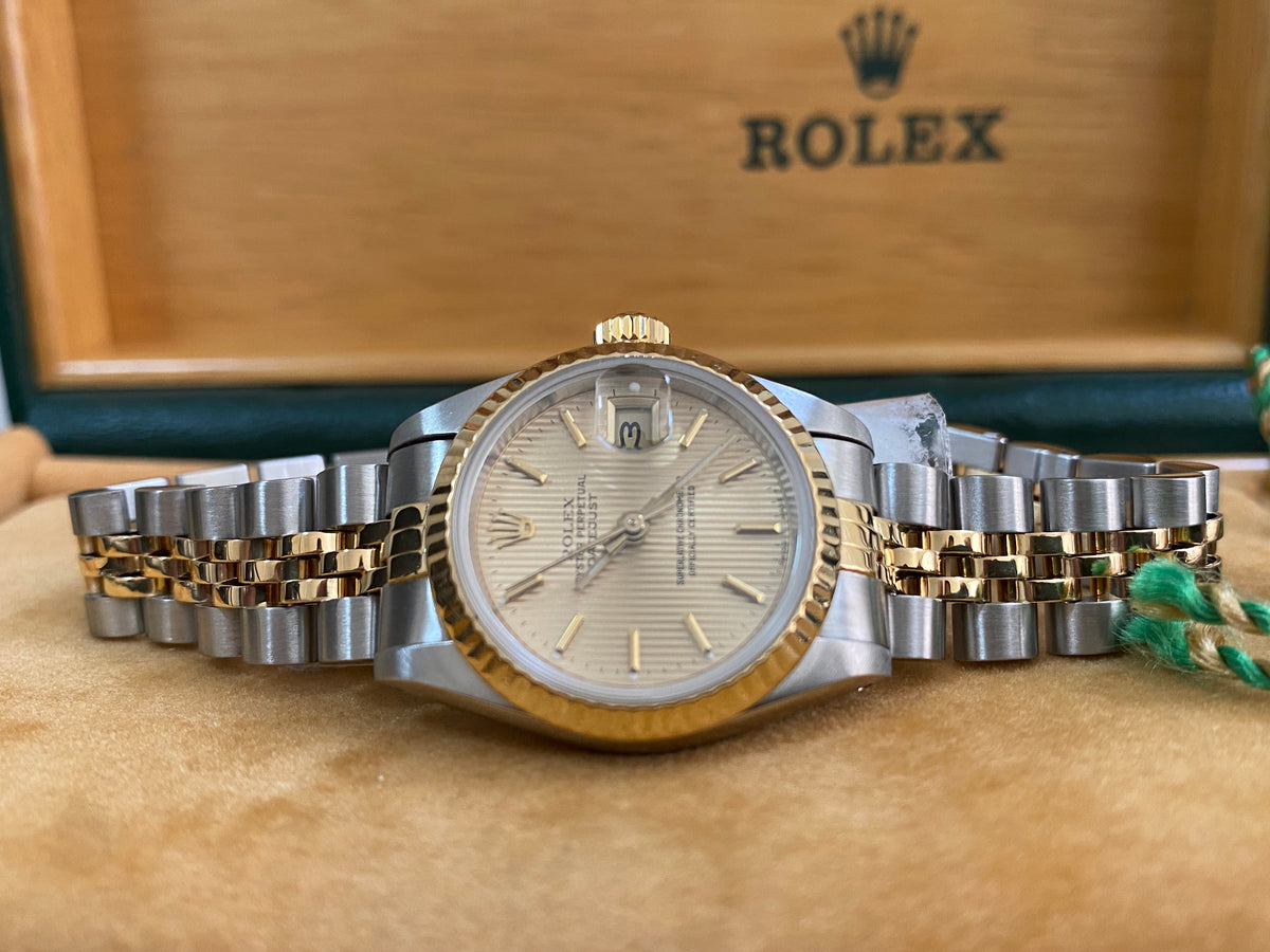 Rolex Steel and Yellow Gold Lady-Datejust - L serial - Fluted Bezel - Tapestry Dial - Jubilee Bracelet - 69173 *COMPLETE SET*