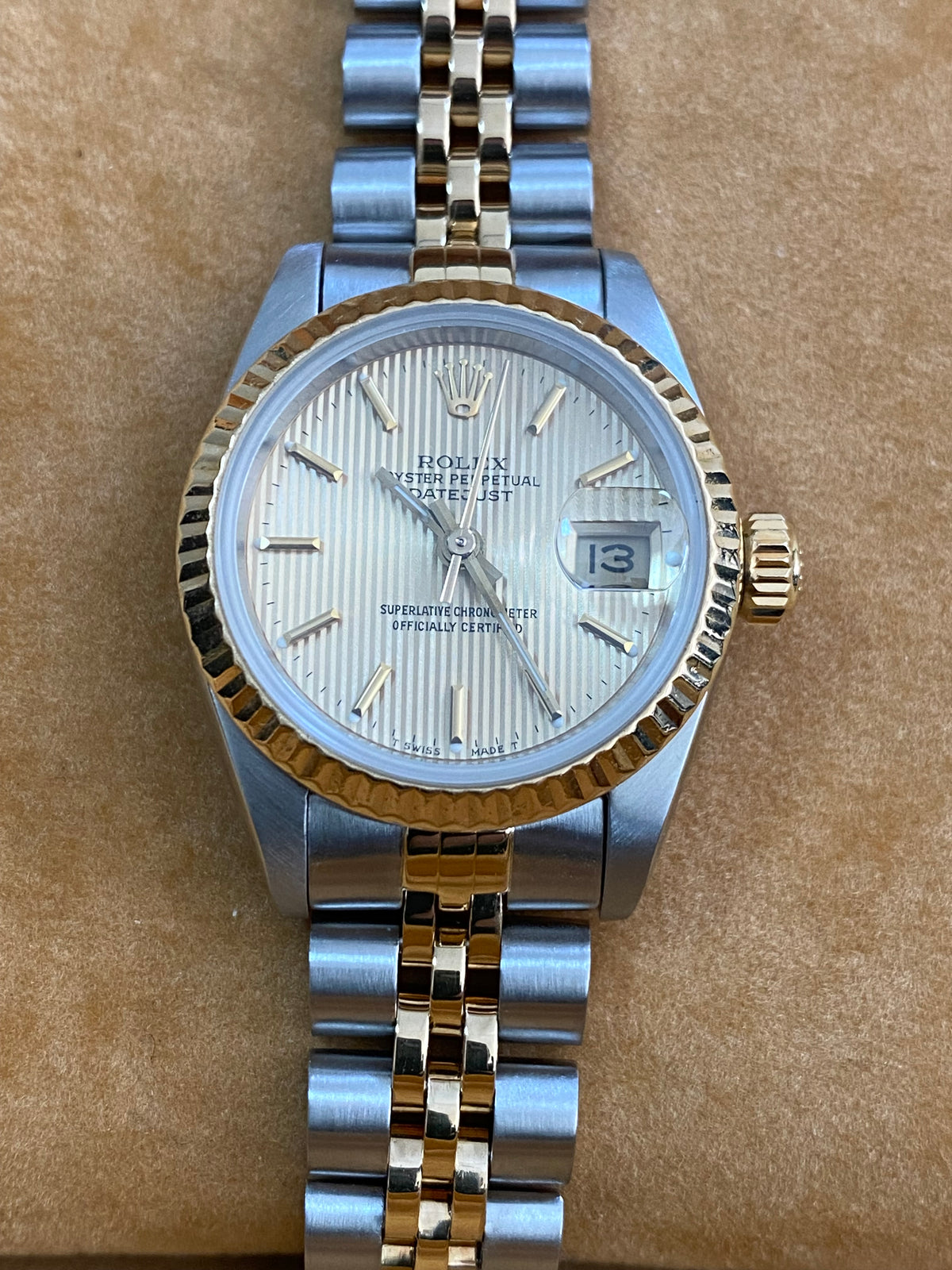 Rolex Steel and Yellow Gold Lady-Datejust - L serial - Fluted Bezel - Tapestry Dial - Jubilee Bracelet - 69173 *COMPLETE SET*