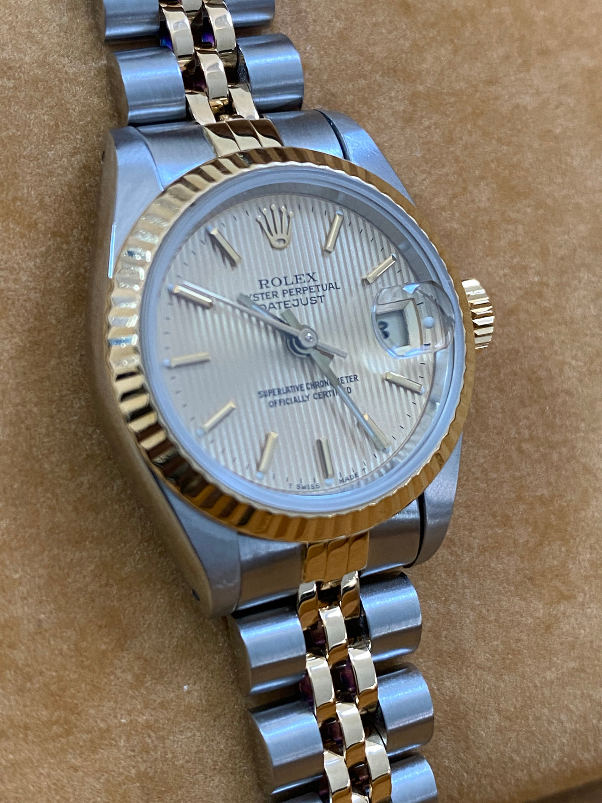 Rolex Steel and Yellow Gold Lady-Datejust - L serial - Fluted Bezel - Tapestry Dial - Jubilee Bracelet - 69173 *COMPLETE SET*