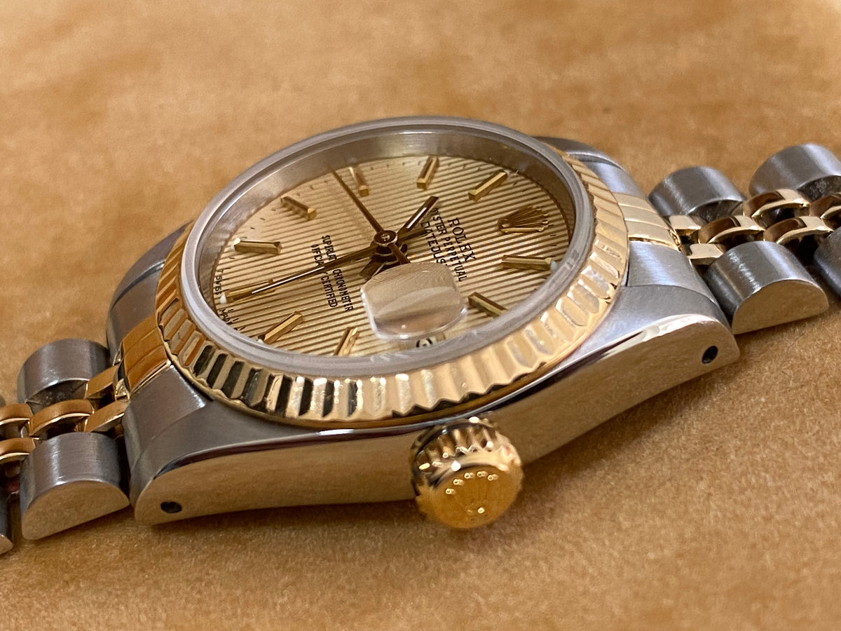 Rolex Steel and Yellow Gold Lady-Datejust - L serial - Fluted Bezel - Tapestry Dial - Jubilee Bracelet - 69173 *COMPLETE SET*