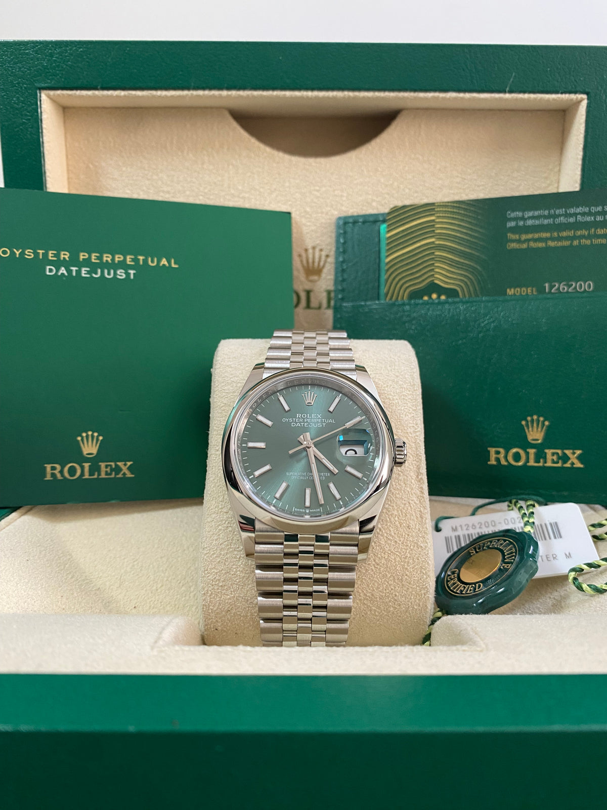 Rolex Steel Datejust 36 - 2024 - Smooth Bezel - Mint Green Dial - Jubilee Bracelet - 126200 *FULL SET*