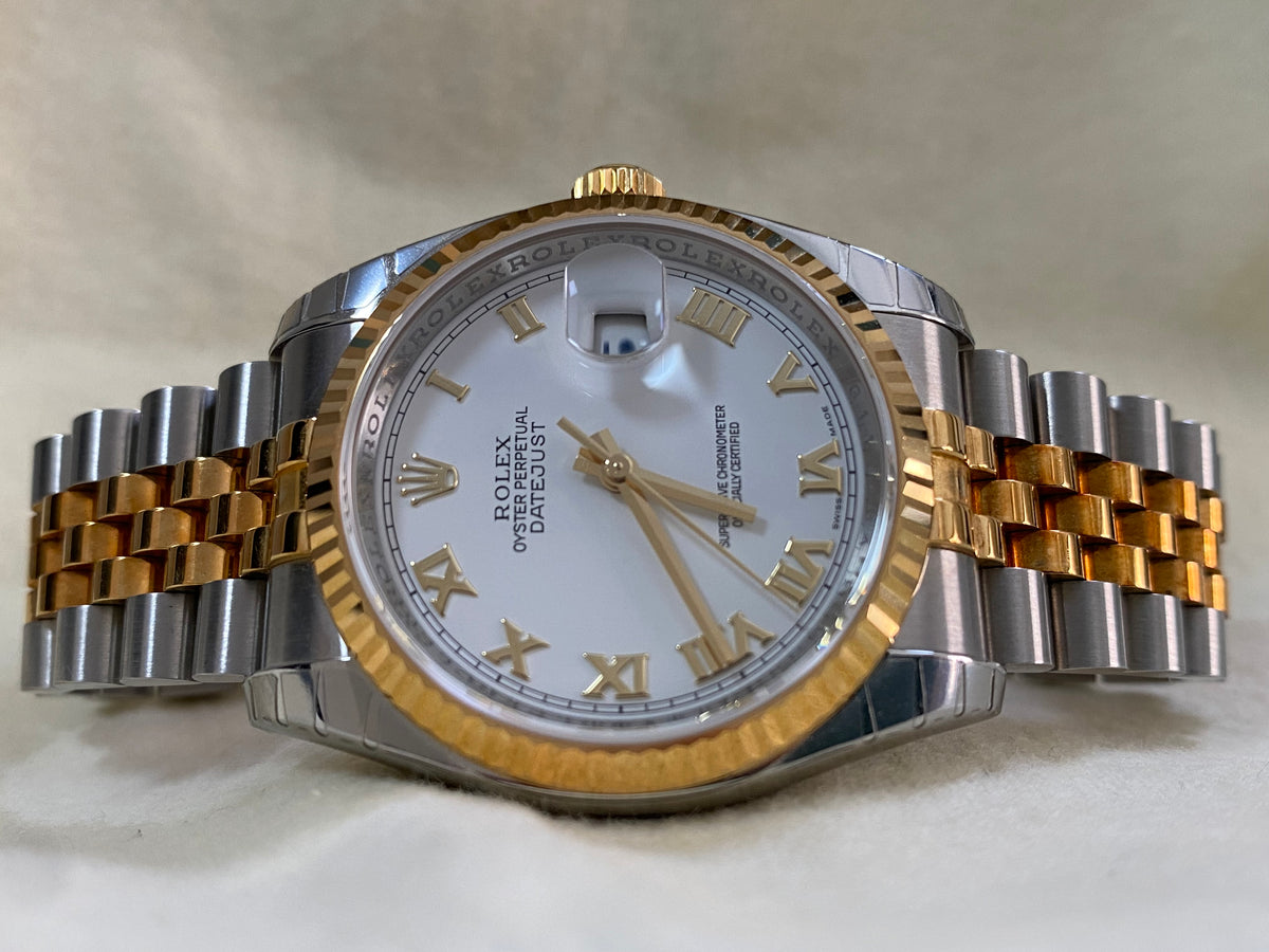 Rolex Steel and Yellow Gold Datejust 36 - 2010 - Fluted Bezel - White Roman Dial - Jubilee Bracelet - 116233 *FULL STICKERS*