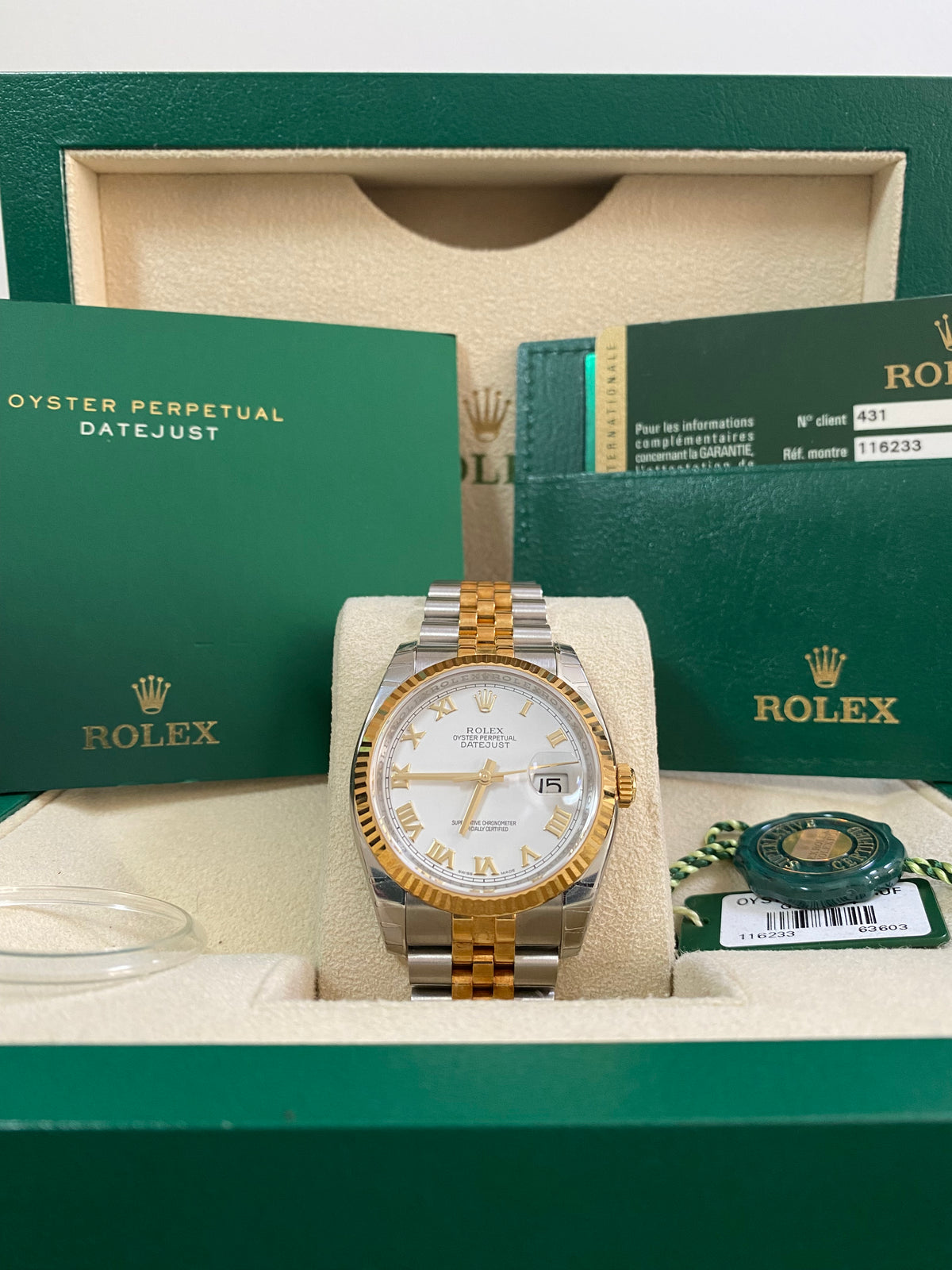 Rolex Steel and Yellow Gold Datejust 36 - 2010 - Fluted Bezel - White Roman Dial - Jubilee Bracelet - 116233 *FULL STICKERS*