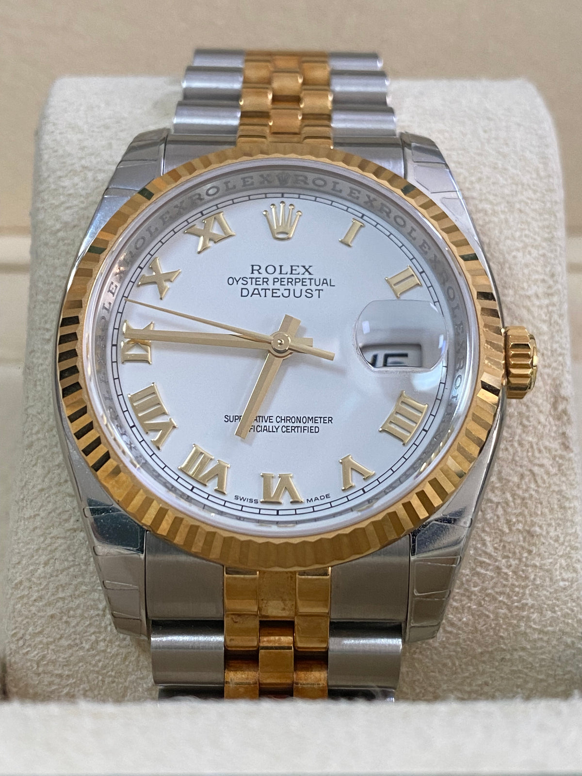 Rolex Steel and Yellow Gold Datejust 36 - 2010 - Fluted Bezel - White Roman Dial - Jubilee Bracelet - 116233 *FULL STICKERS*