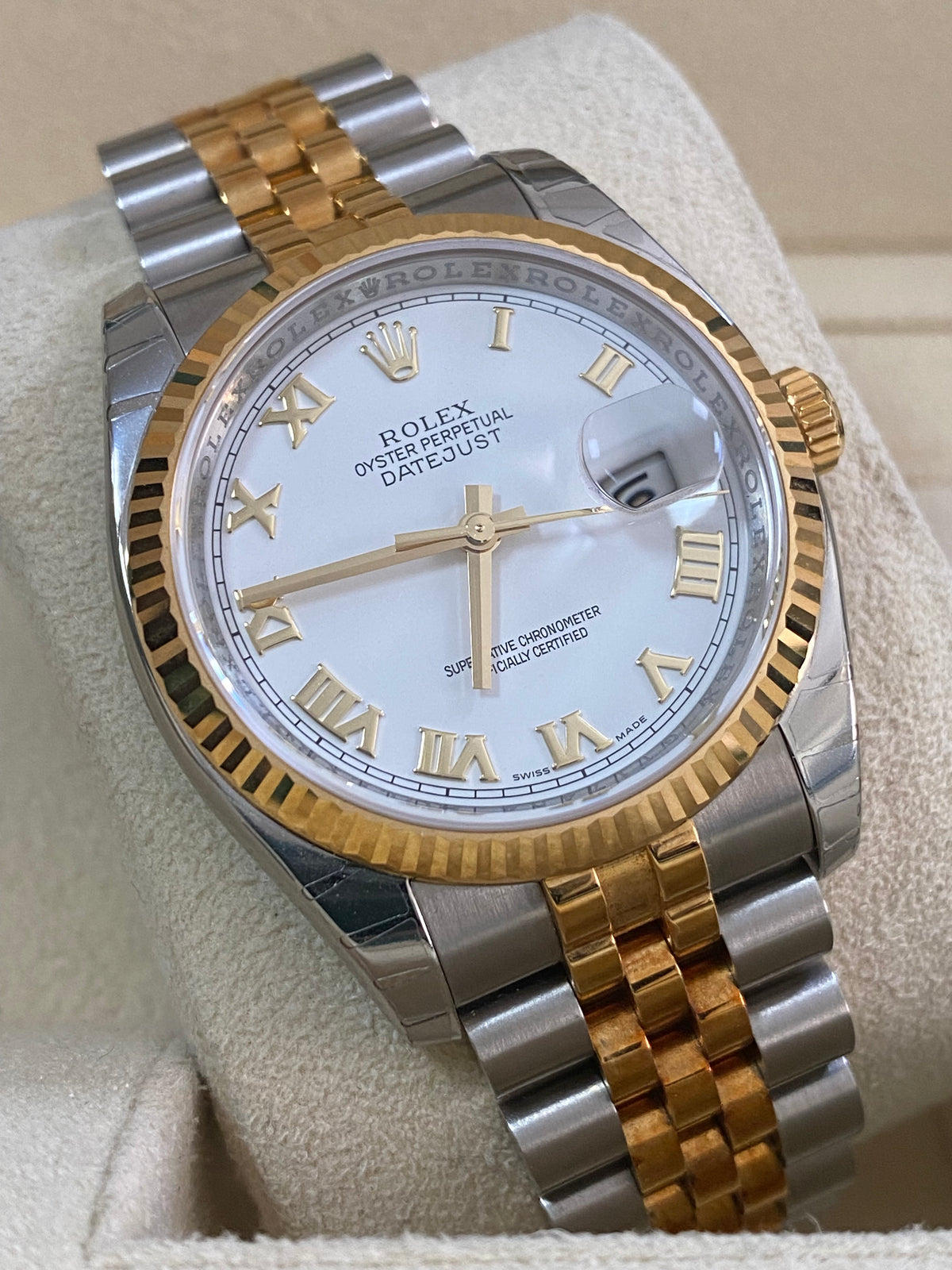 Rolex Steel and Yellow Gold Datejust 36 - 2010 - Fluted Bezel - White Roman Dial - Jubilee Bracelet - 116233 *FULL STICKERS*