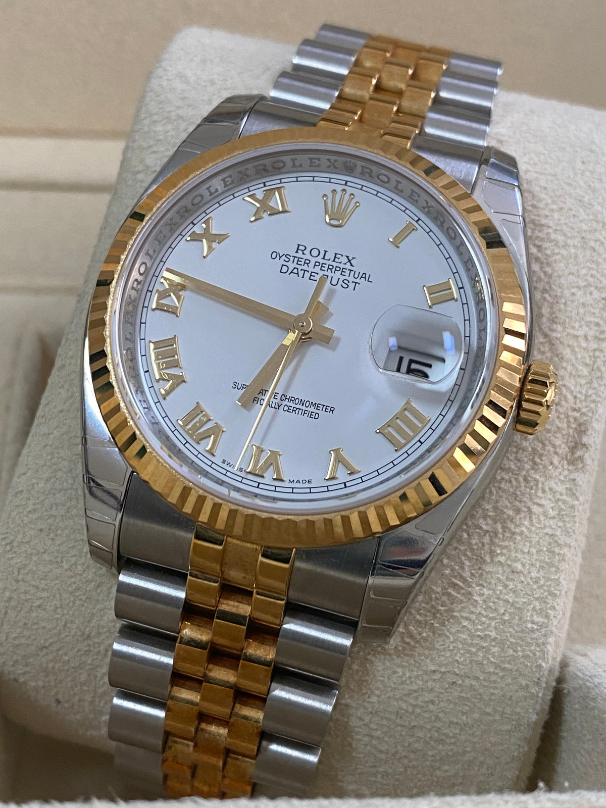 Rolex Steel and Yellow Gold Datejust 36 - 2010 - Fluted Bezel - White Roman Dial - Jubilee Bracelet - 116233 *FULL STICKERS*