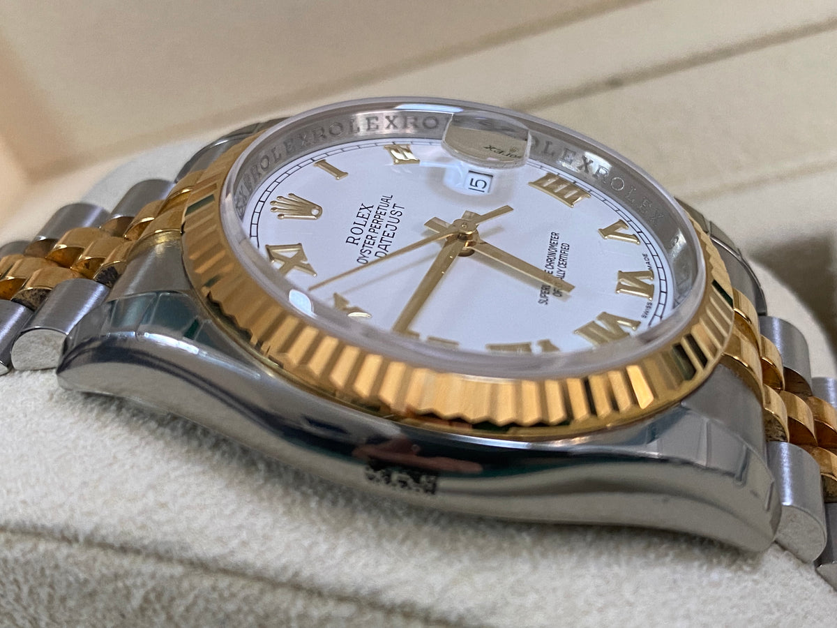 Rolex Steel and Yellow Gold Datejust 36 - 2010 - Fluted Bezel - White Roman Dial - Jubilee Bracelet - 116233 *FULL STICKERS*