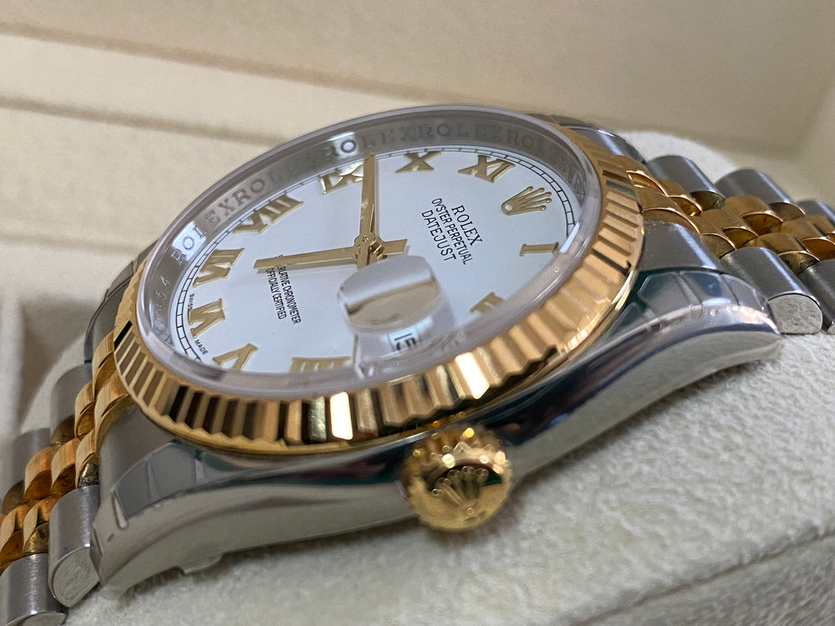 Rolex Steel and Yellow Gold Datejust 36 - 2010 - Fluted Bezel - White Roman Dial - Jubilee Bracelet - 116233 *FULL STICKERS*