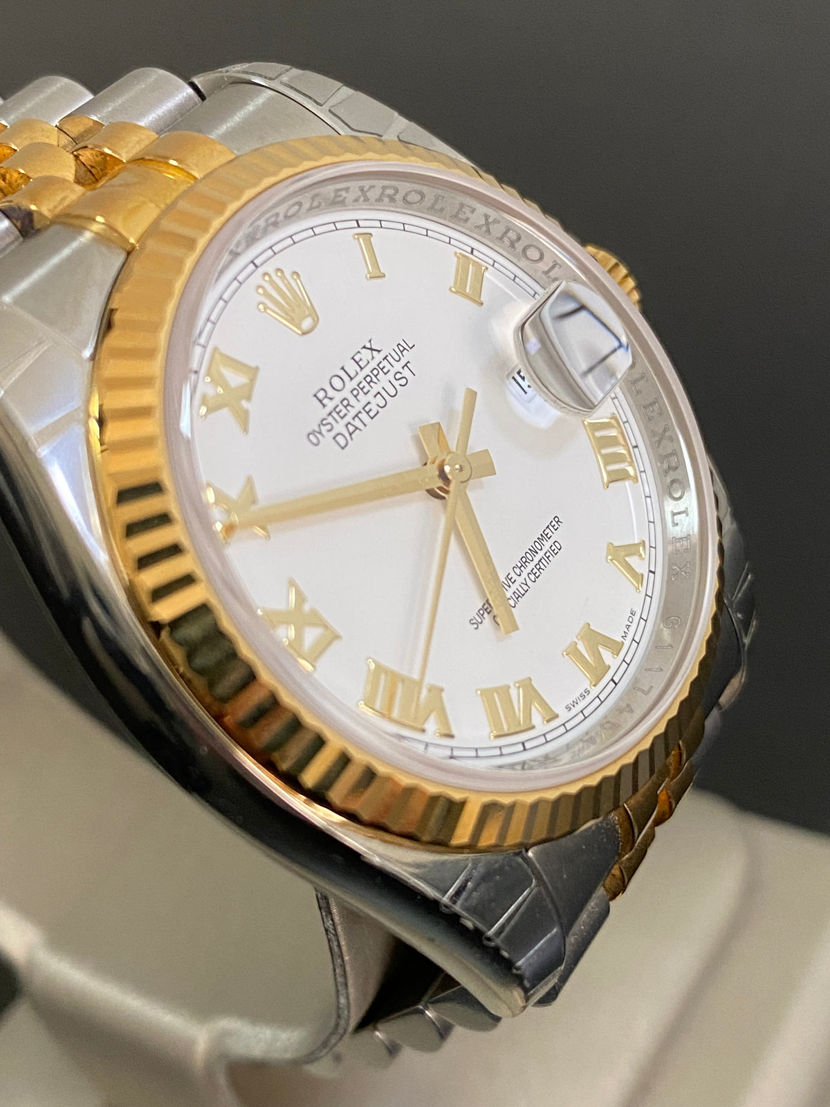 Rolex Steel and Yellow Gold Datejust 36 - 2010 - Fluted Bezel - White Roman Dial - Jubilee Bracelet - 116233 *FULL STICKERS*