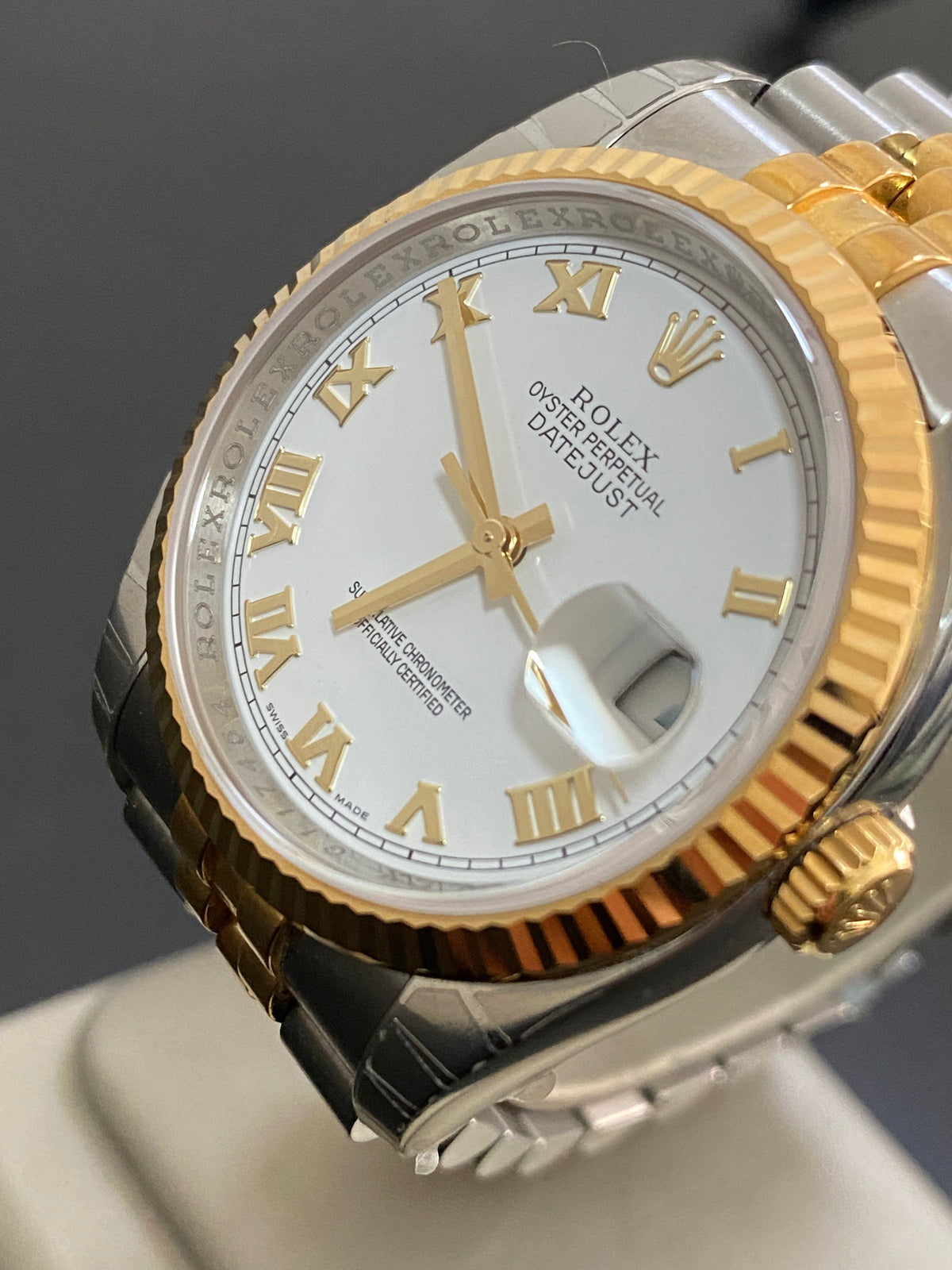 Rolex Steel and Yellow Gold Datejust 36 - 2010 - Fluted Bezel - White Roman Dial - Jubilee Bracelet - 116233 *FULL STICKERS*