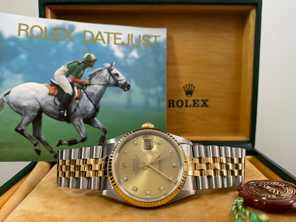 Rolex Steel and Yellow Gold Datejust 36 - X serial - Fluted Bezel - Factory Diamond Dial - Jubilee Bracelet - 16233