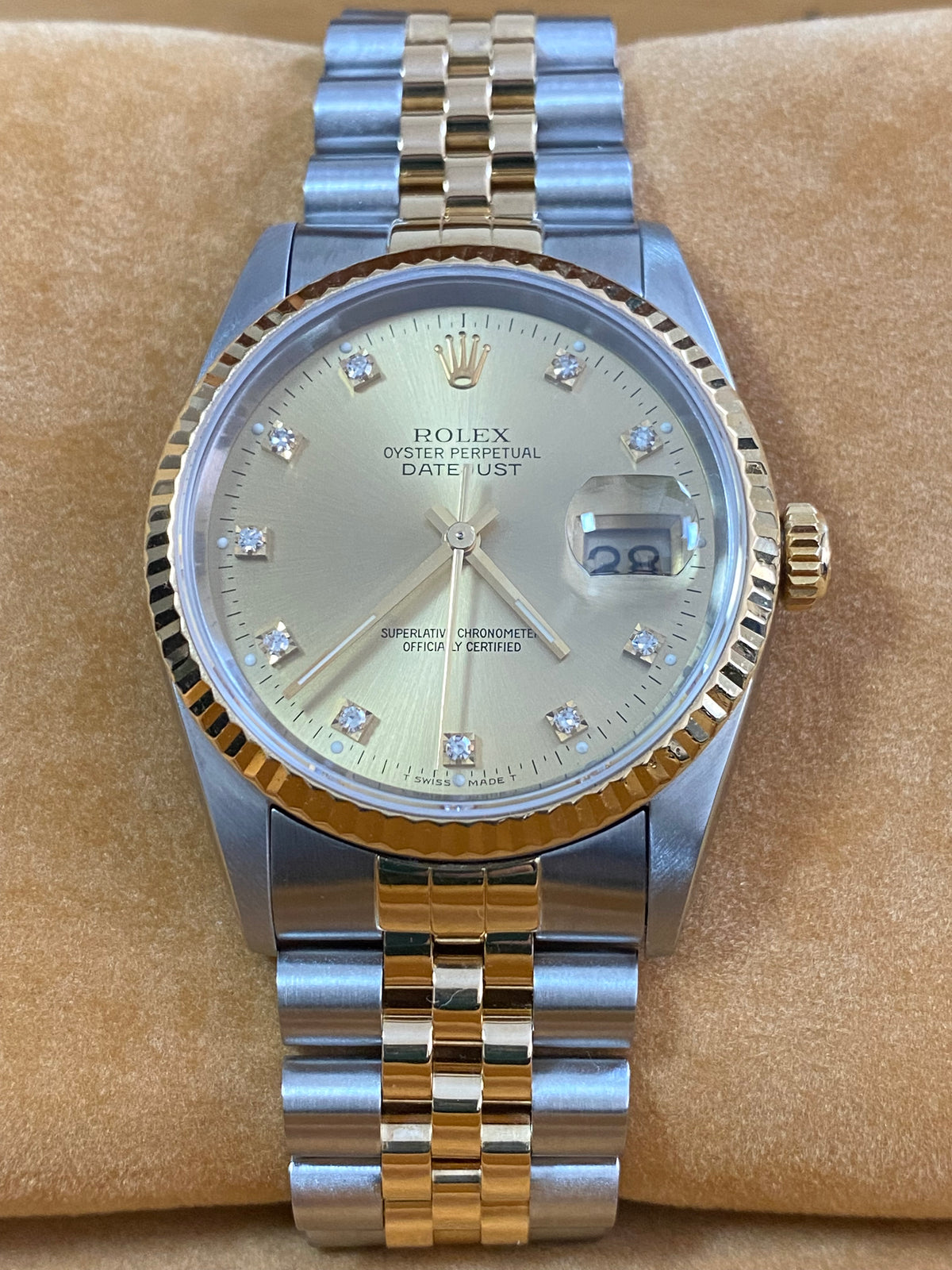 Rolex Steel and Yellow Gold Datejust 36 - X serial - Fluted Bezel - Factory Diamond Dial - Jubilee Bracelet - 16233