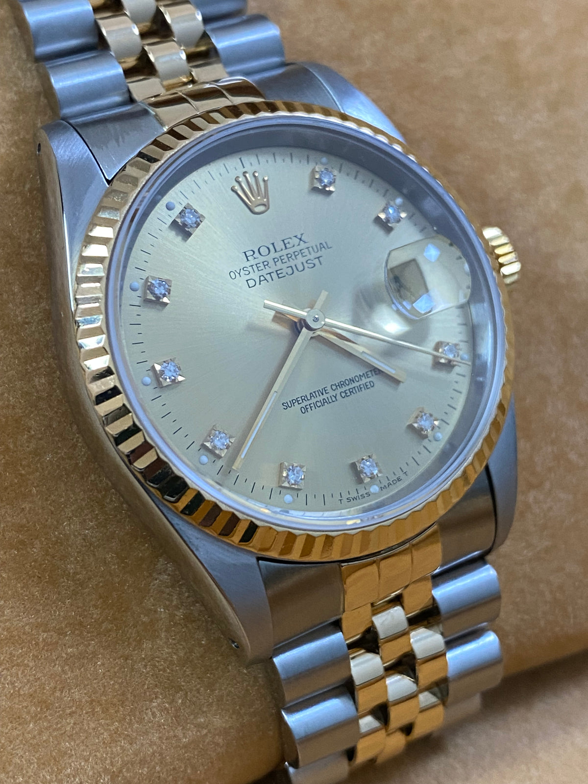 Rolex Steel and Yellow Gold Datejust 36 - X serial - Fluted Bezel - Factory Diamond Dial - Jubilee Bracelet - 16233