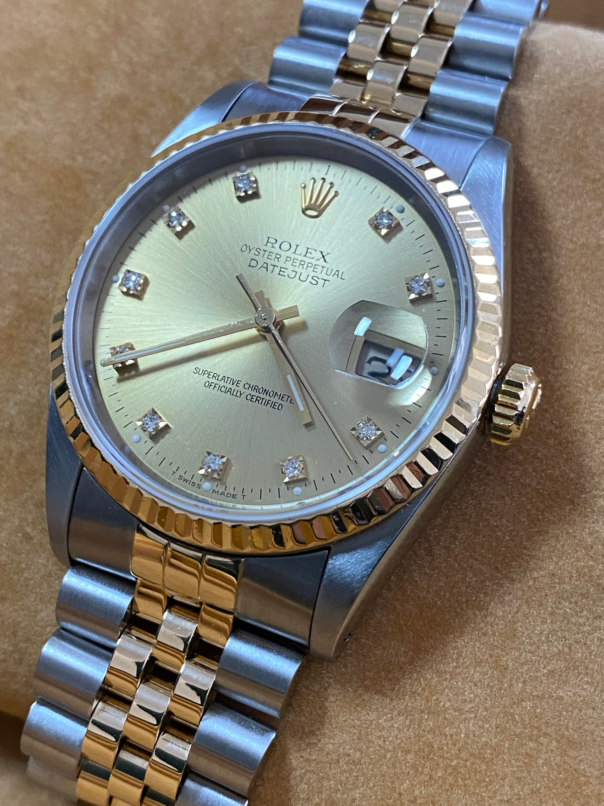 Rolex Steel and Yellow Gold Datejust 36 - X serial - Fluted Bezel - Factory Diamond Dial - Jubilee Bracelet - 16233