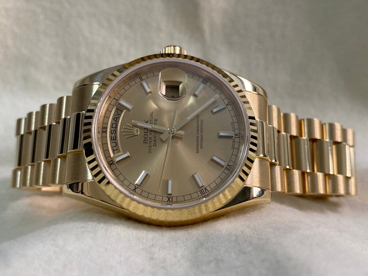 Rolex Yellow Gold Day-Date 36 - 2018 - Fluted Bezel - Champagne Index Dial - President Bracelet - 118238 *UNPOLISHED*