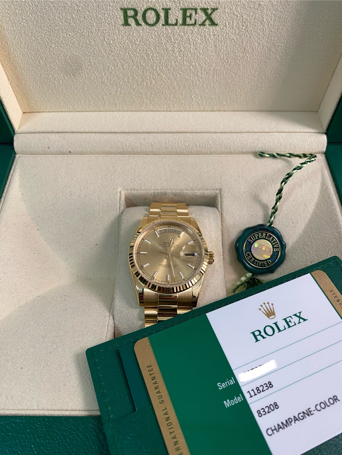 Rolex Yellow Gold Day-Date 36 - 2018 - Fluted Bezel - Champagne Index Dial - President Bracelet - 118238 *UNPOLISHED*