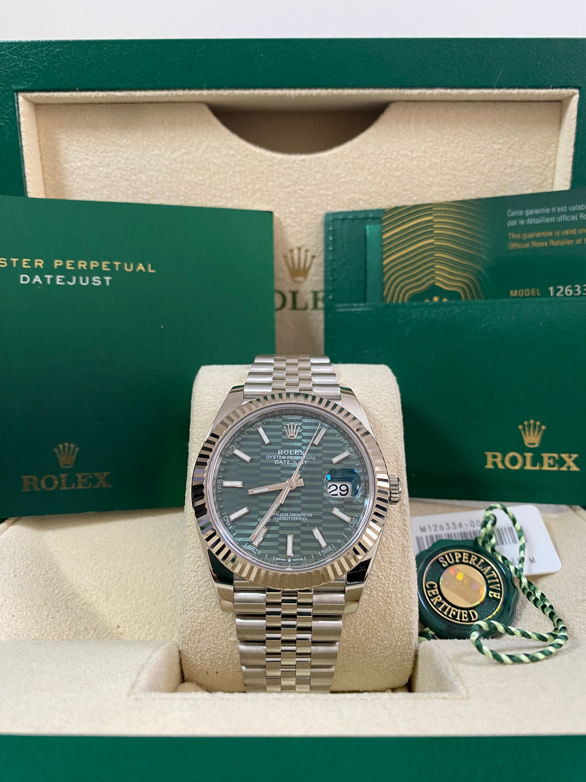 Rolex Steel and White Gold Datejust 41 - 2022 - Fluted Bezel - Mint Green Fluted-Motif Dial - Jubilee Bracelet - 126334 *FULL SET*