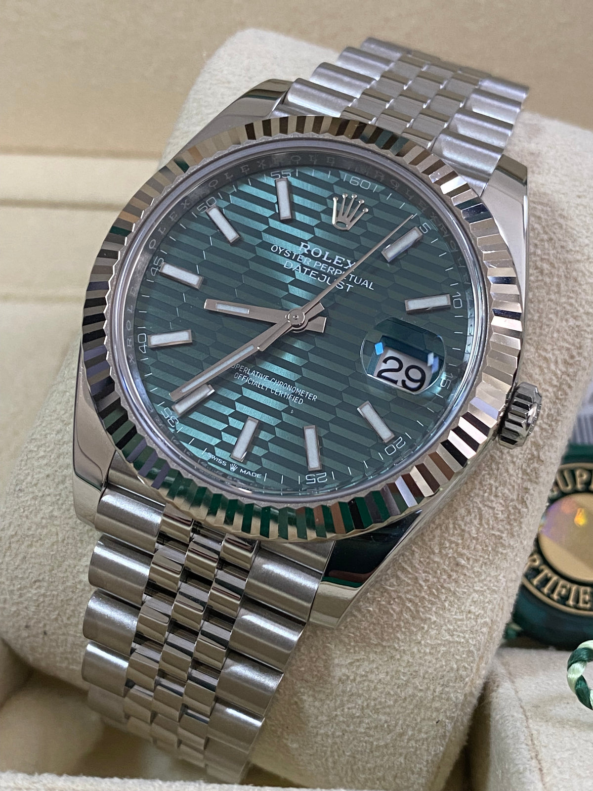 Rolex Steel and White Gold Datejust 41 - 2022 - Fluted Bezel - Mint Green Fluted-Motif Dial - Jubilee Bracelet - 126334 *FULL SET*