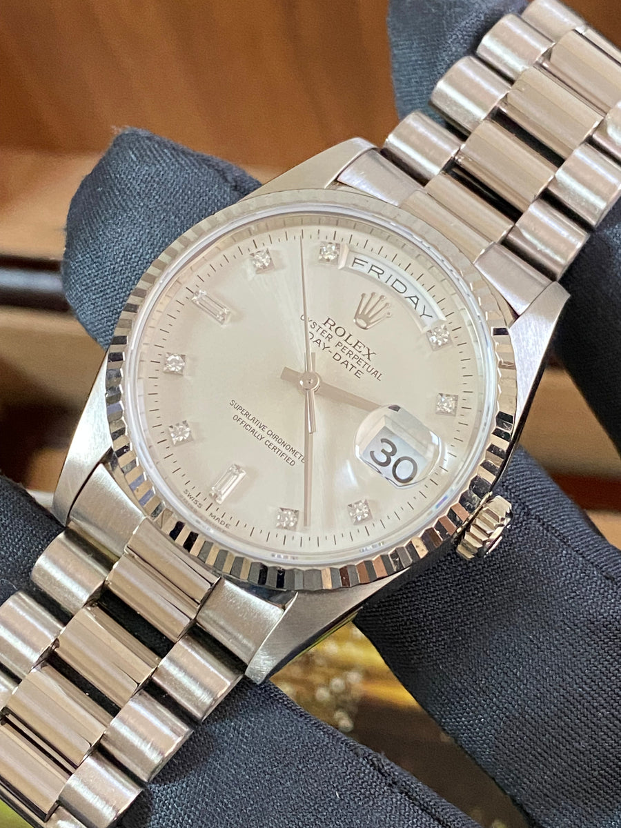 Rolex White Gold Day-Date 36 - T serial - Fluted Bezel - Factory Diamond Dial - President Bracelet - 18239