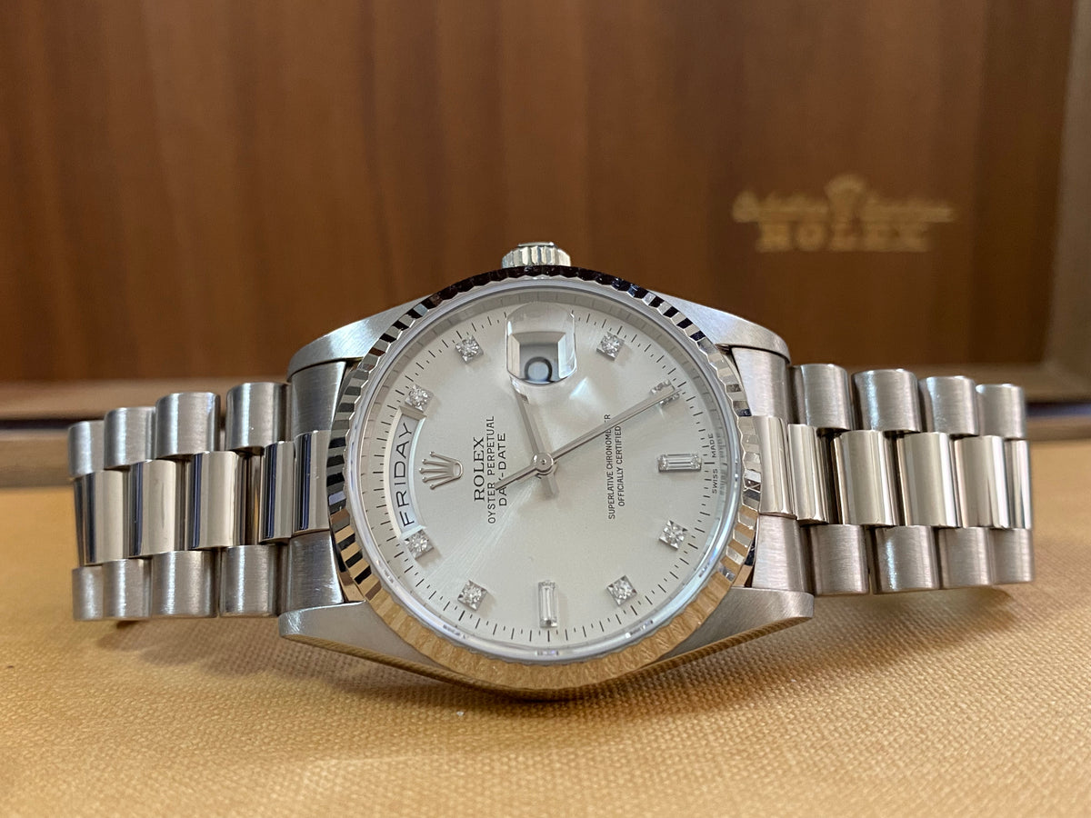 Rolex White Gold Day-Date 36 - T serial - Fluted Bezel - Factory Diamond Dial - President Bracelet - 18239