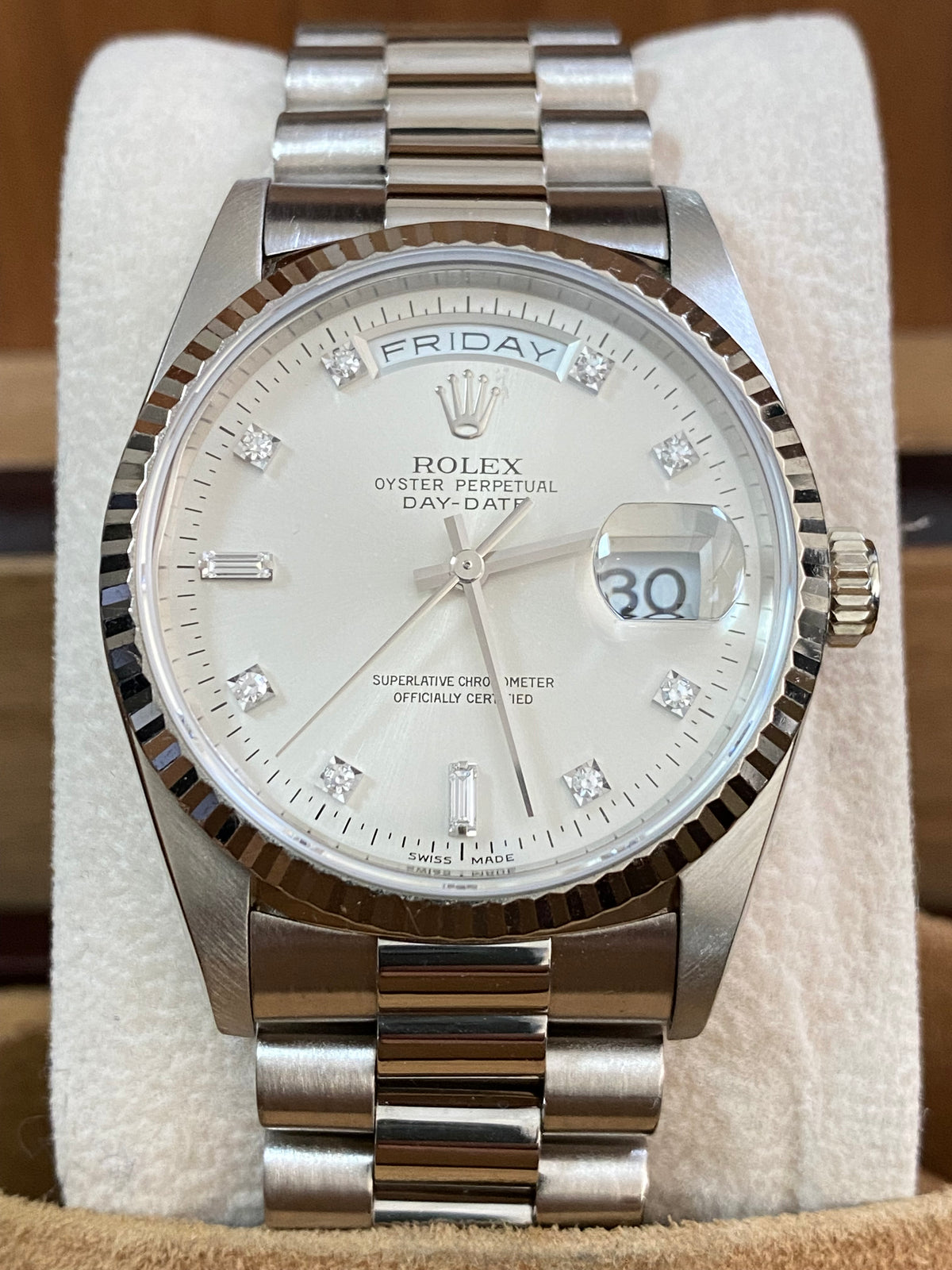 Rolex White Gold Day-Date 36 - T serial - Fluted Bezel - Factory Diamond Dial - President Bracelet - 18239