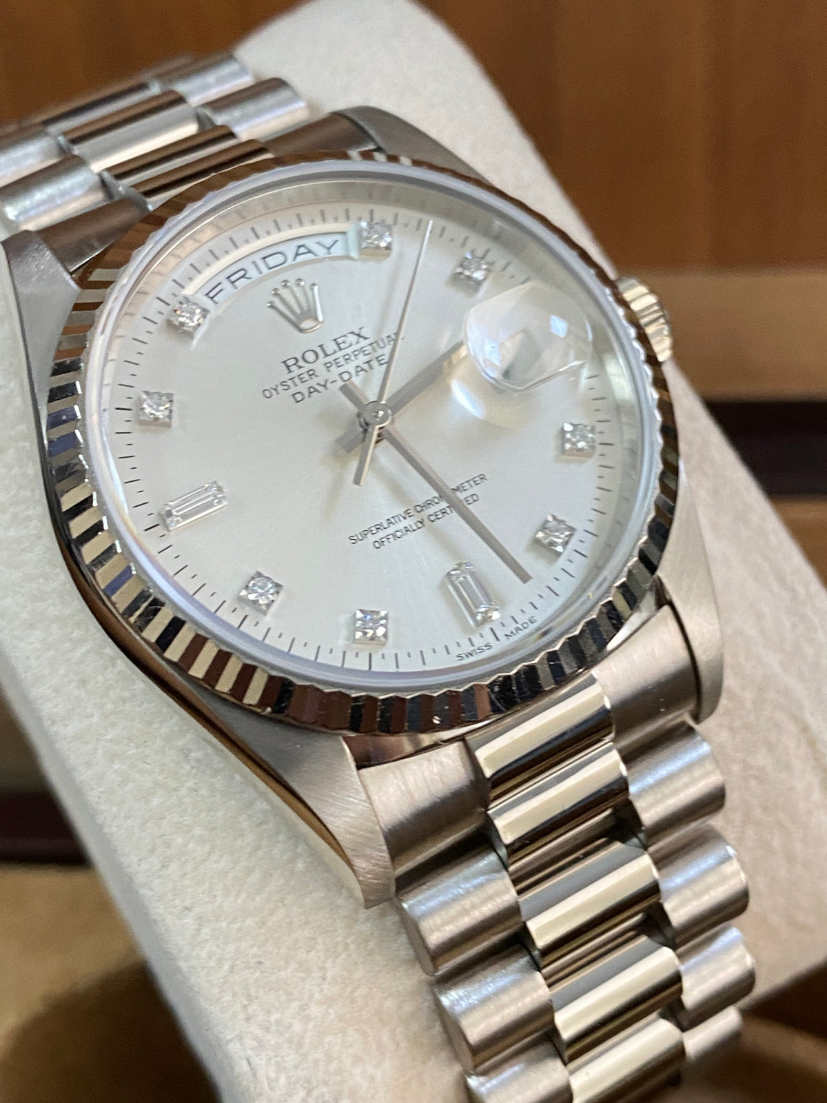 Rolex White Gold Day-Date 36 - T serial - Fluted Bezel - Factory Diamond Dial - President Bracelet - 18239